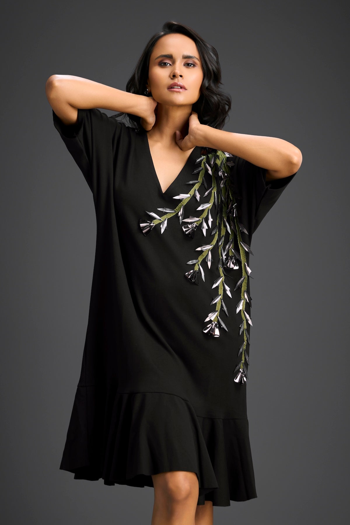 Black Short Sleeves Cut-Out Embroidered Dress