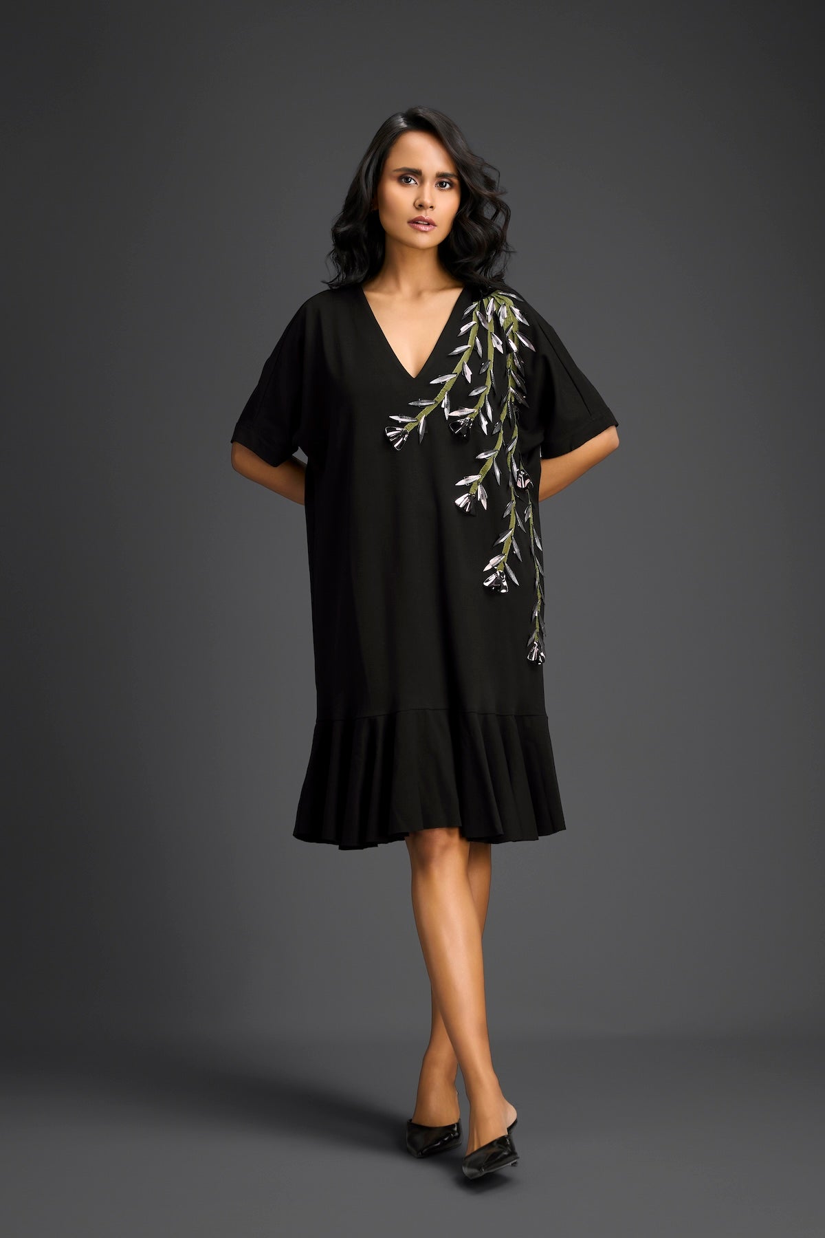 Black Short Sleeves Cut-Out Embroidered Dress