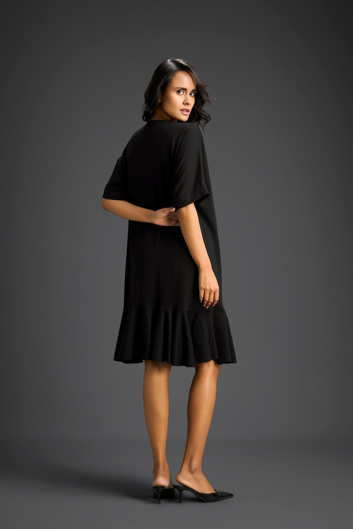 Black Short Sleeves Cut-Out Embroidered Dress