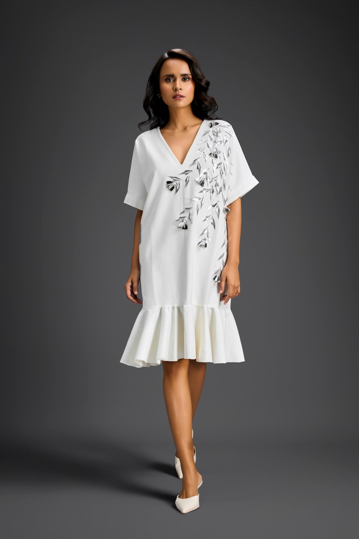 White Short Sleeves Cut-Out Embroidered Dress