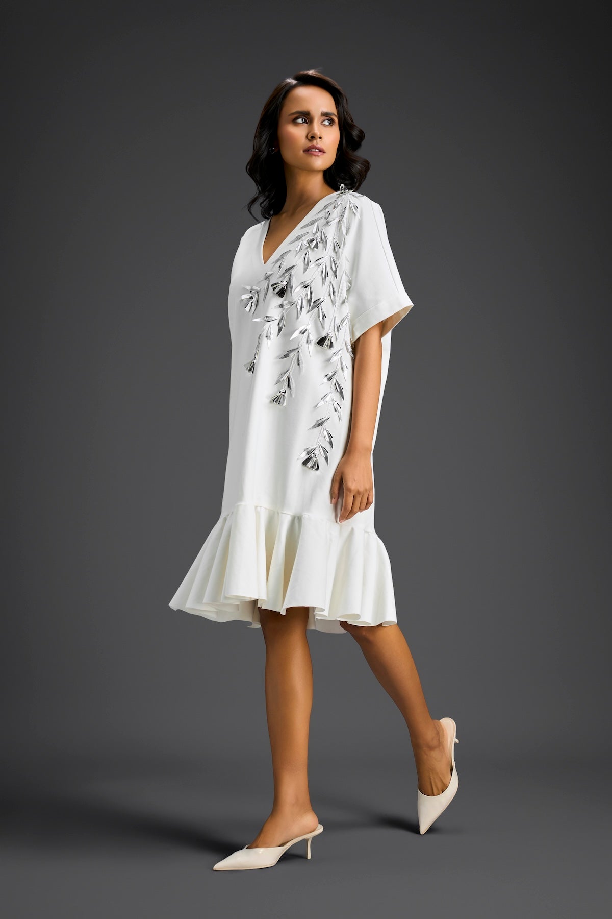 White Short Sleeves Cut-Out Embroidered Dress
