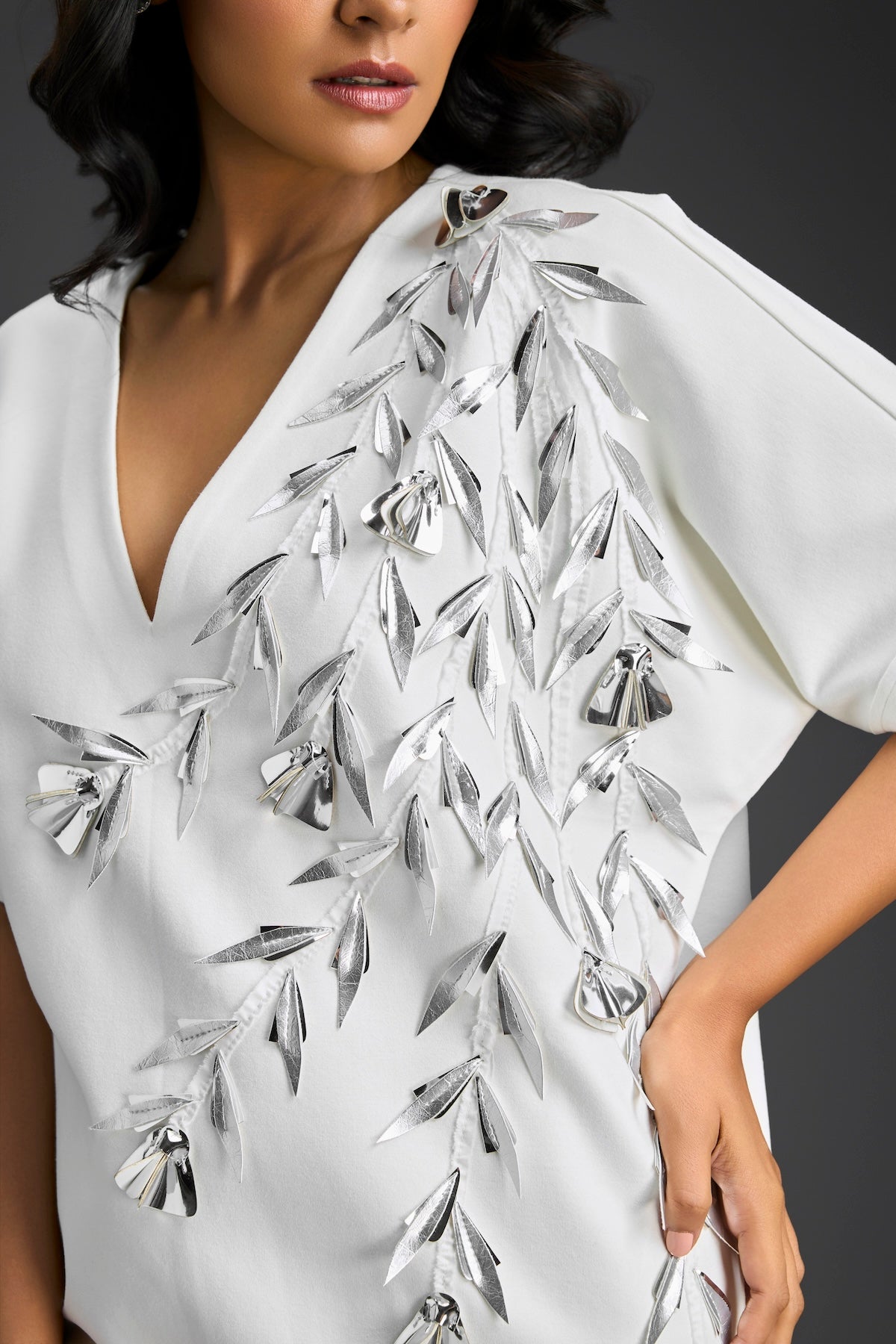 White Short Sleeves Cut-Out Embroidered Dress