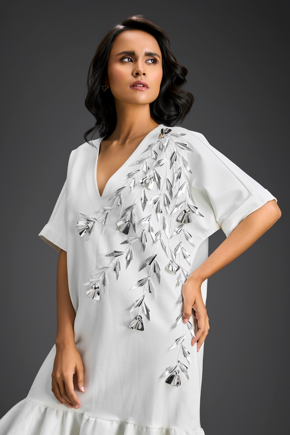 White Short Sleeves Cut-Out Embroidered Dress