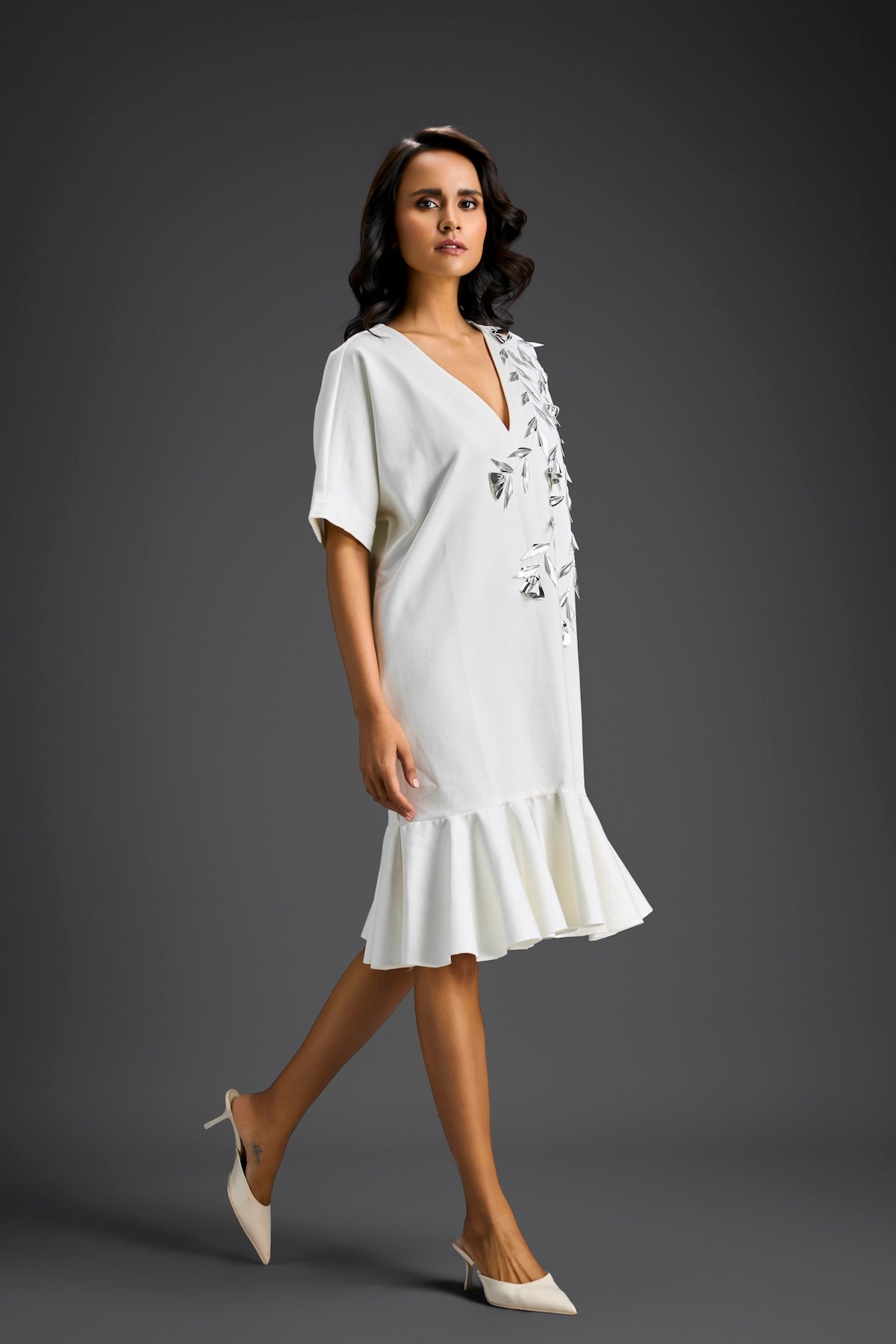 White Short Sleeves Cut-Out Embroidered Dress