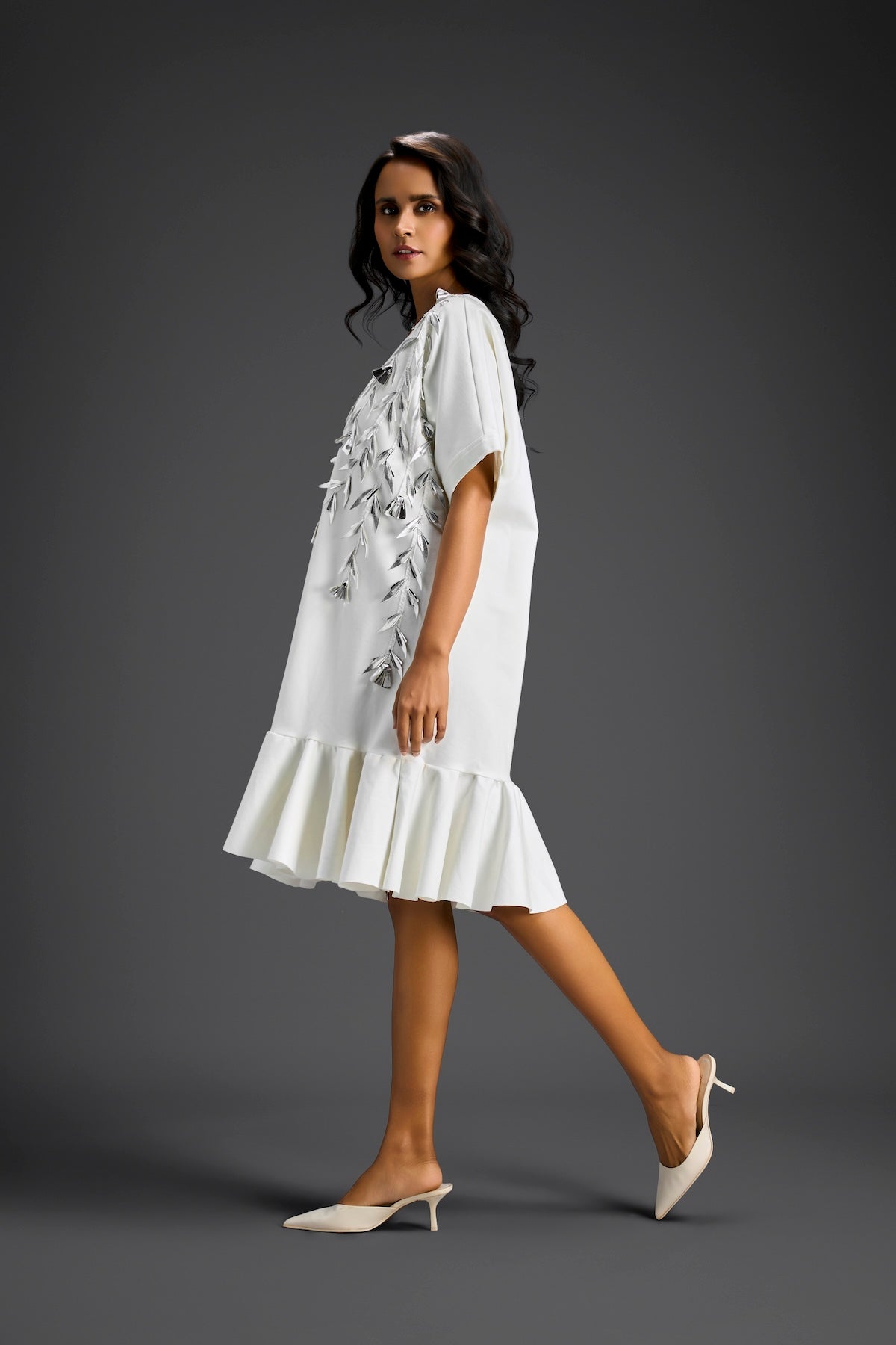 White Short Sleeves Cut-Out Embroidered Dress