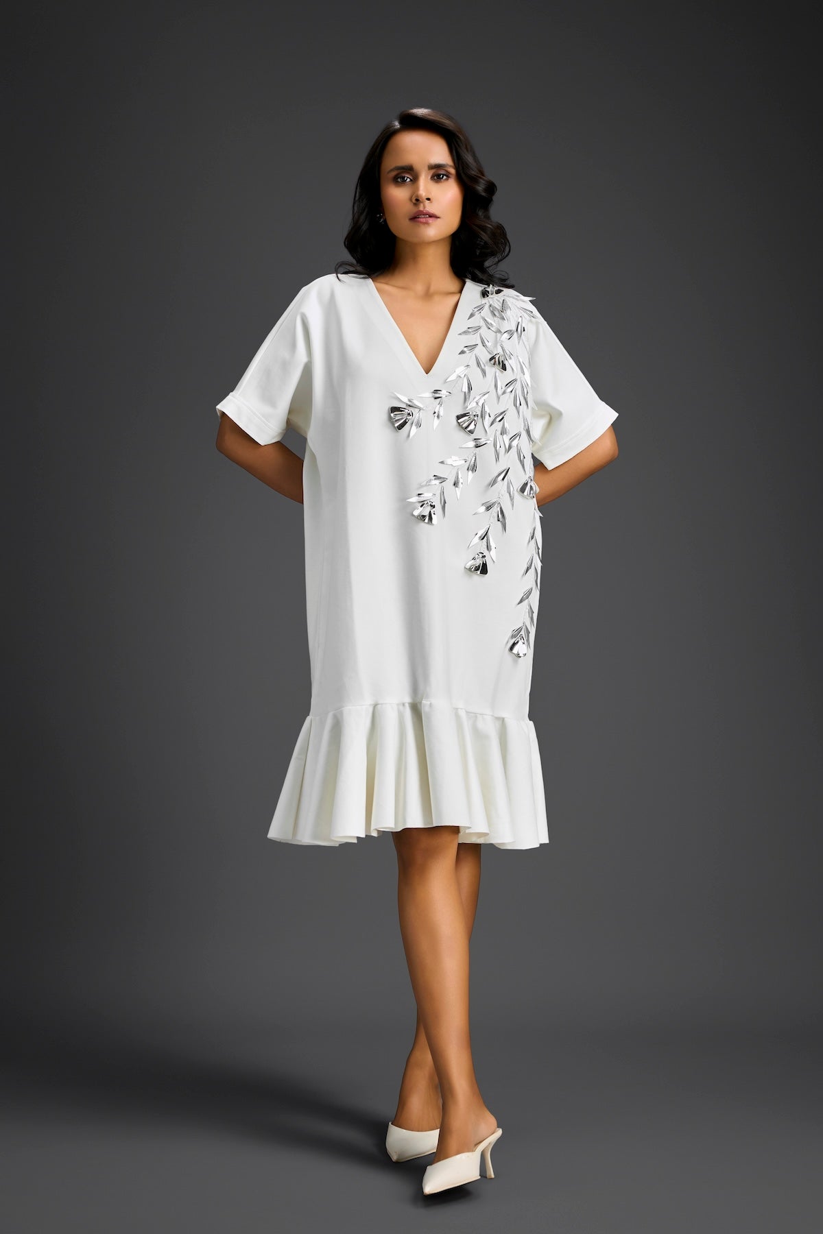 White Short Sleeves Cut-Out Embroidered Dress