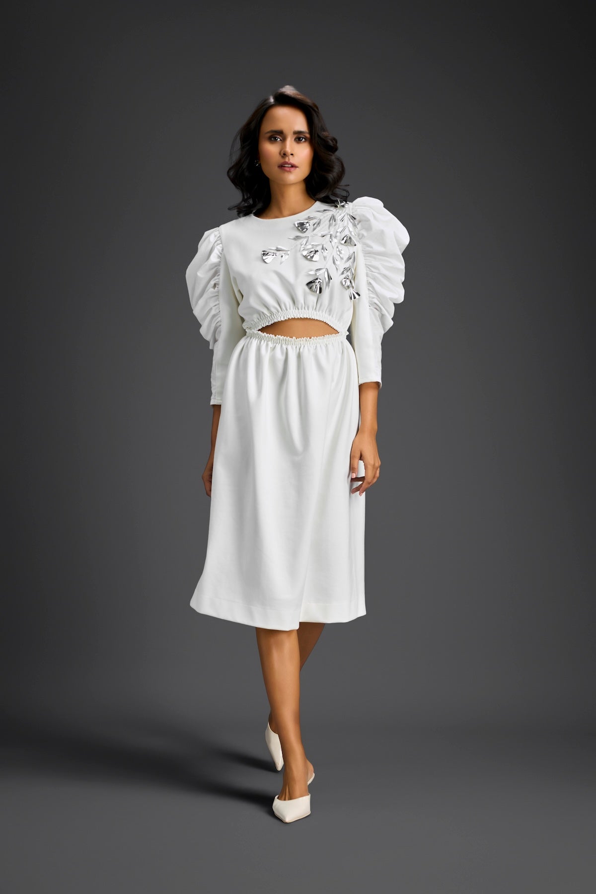 White Midriff Cut-Out Floral Embroidered Dress
