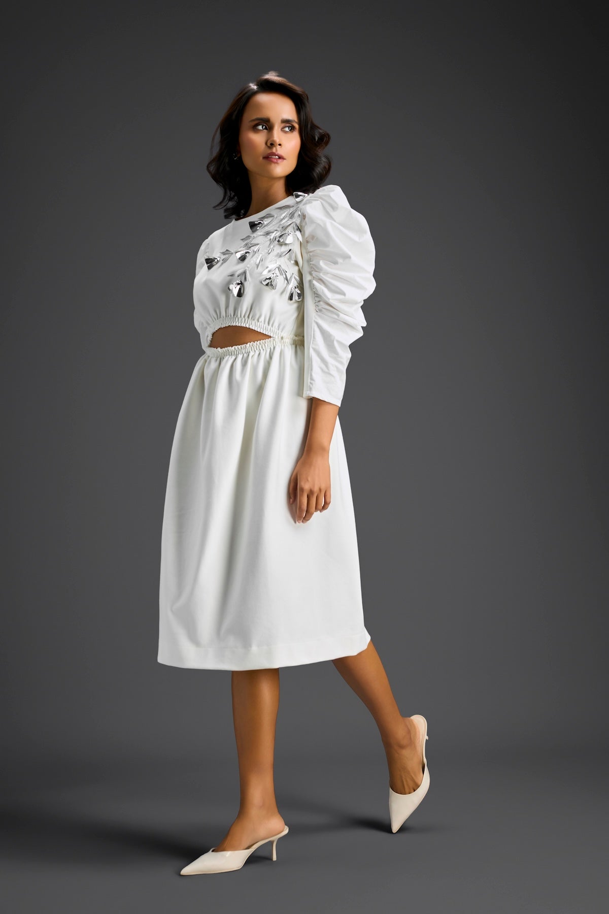 White Midriff Cut-Out Floral Embroidered Dress