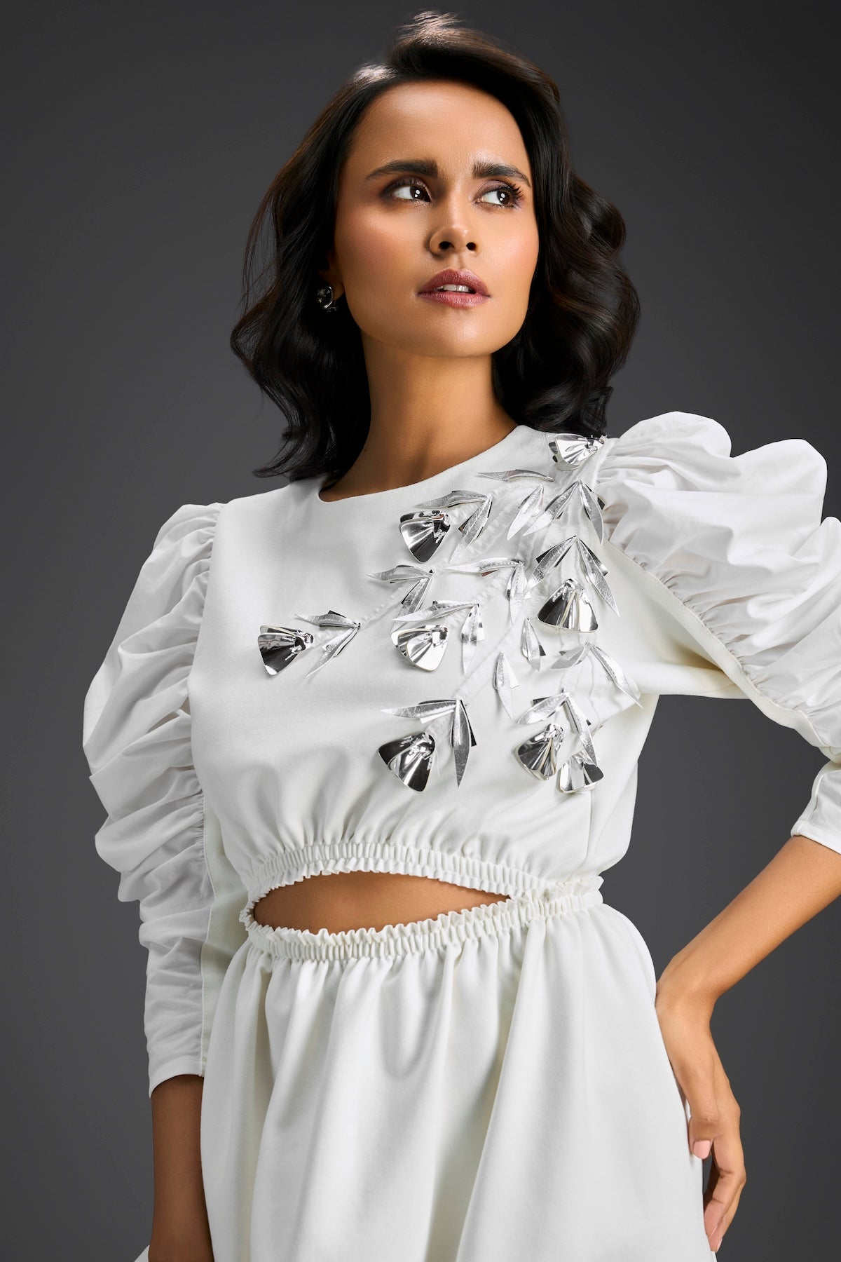 White Midriff Cut-Out Floral Embroidered Dress