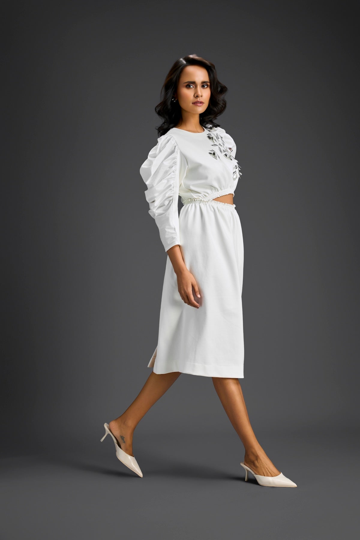 White Midriff Cut-Out Floral Embroidered Dress