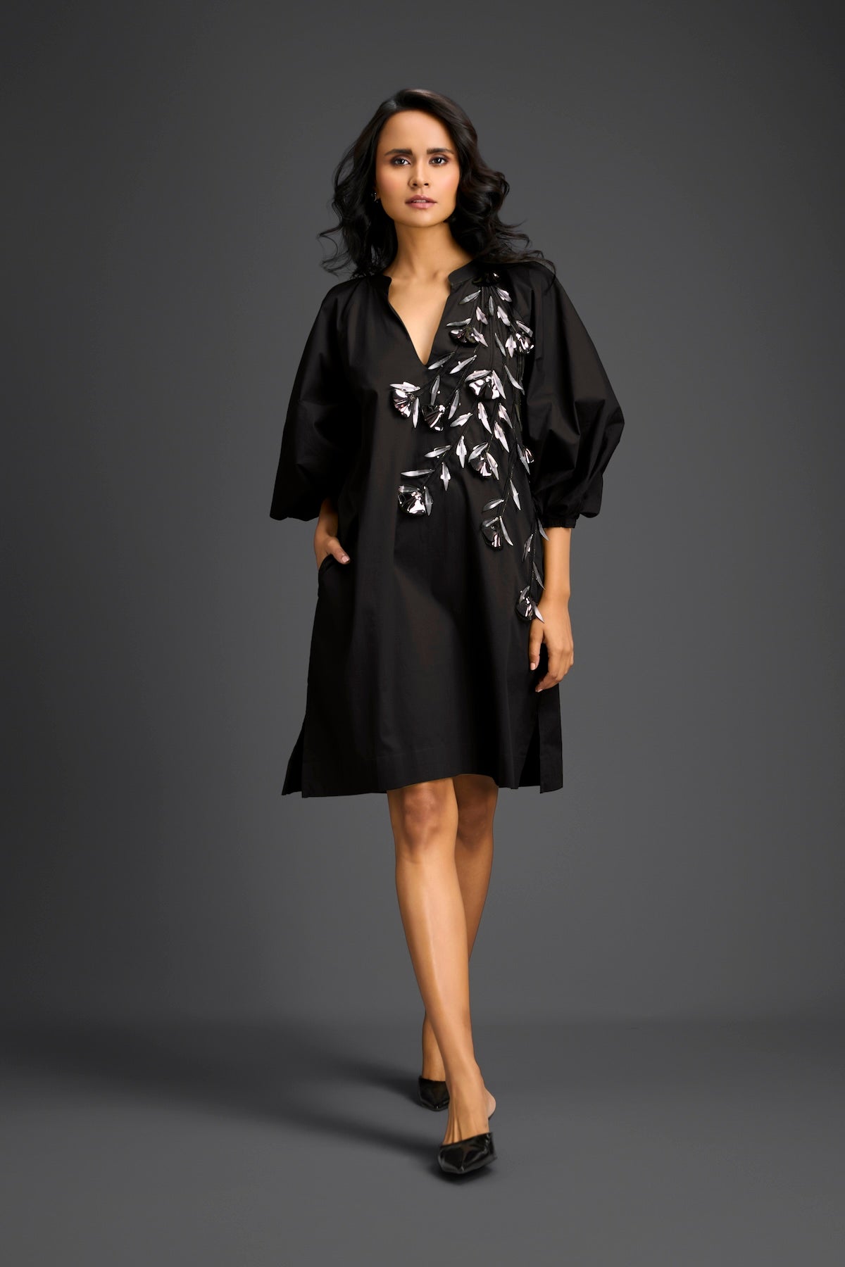Green Metallic Floral Embroidered Dress