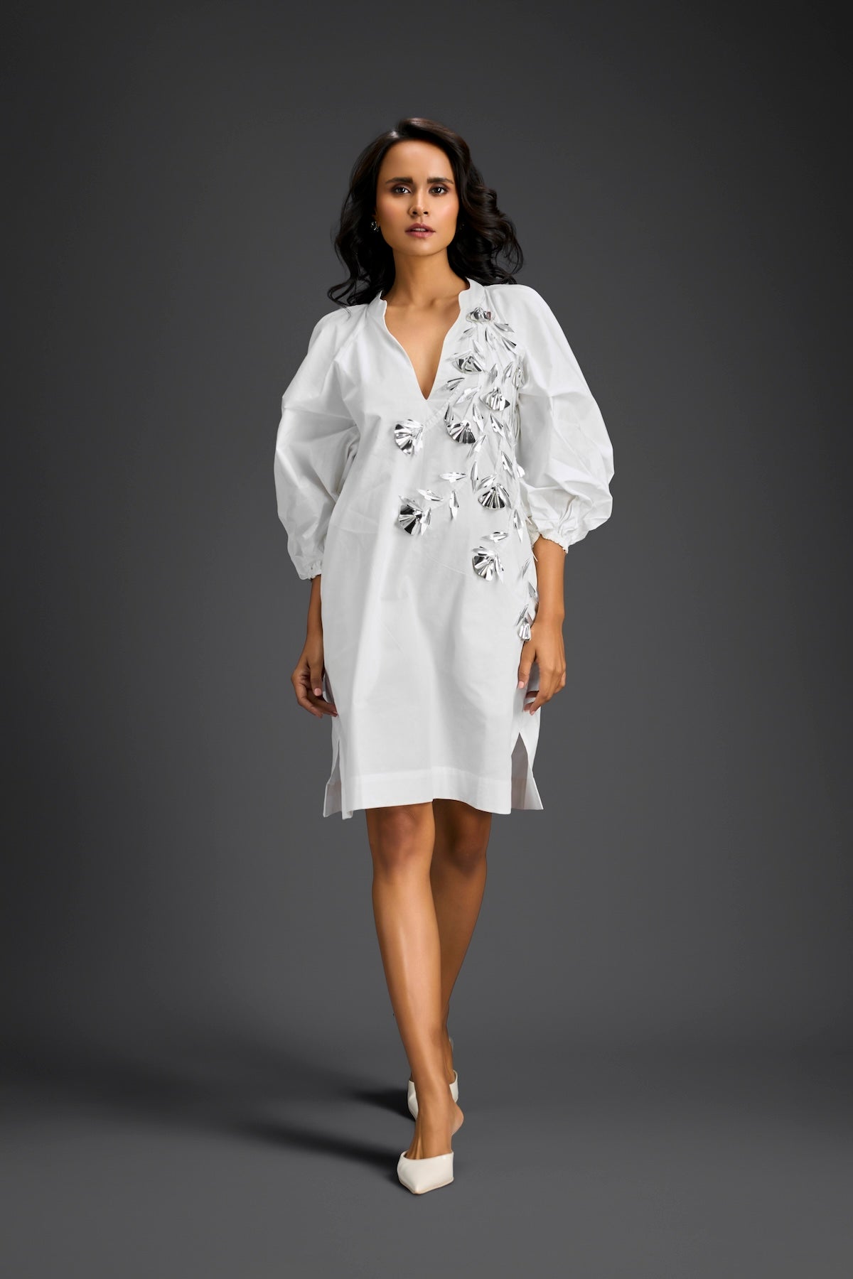 White Metallic Floral Embroidered Dress