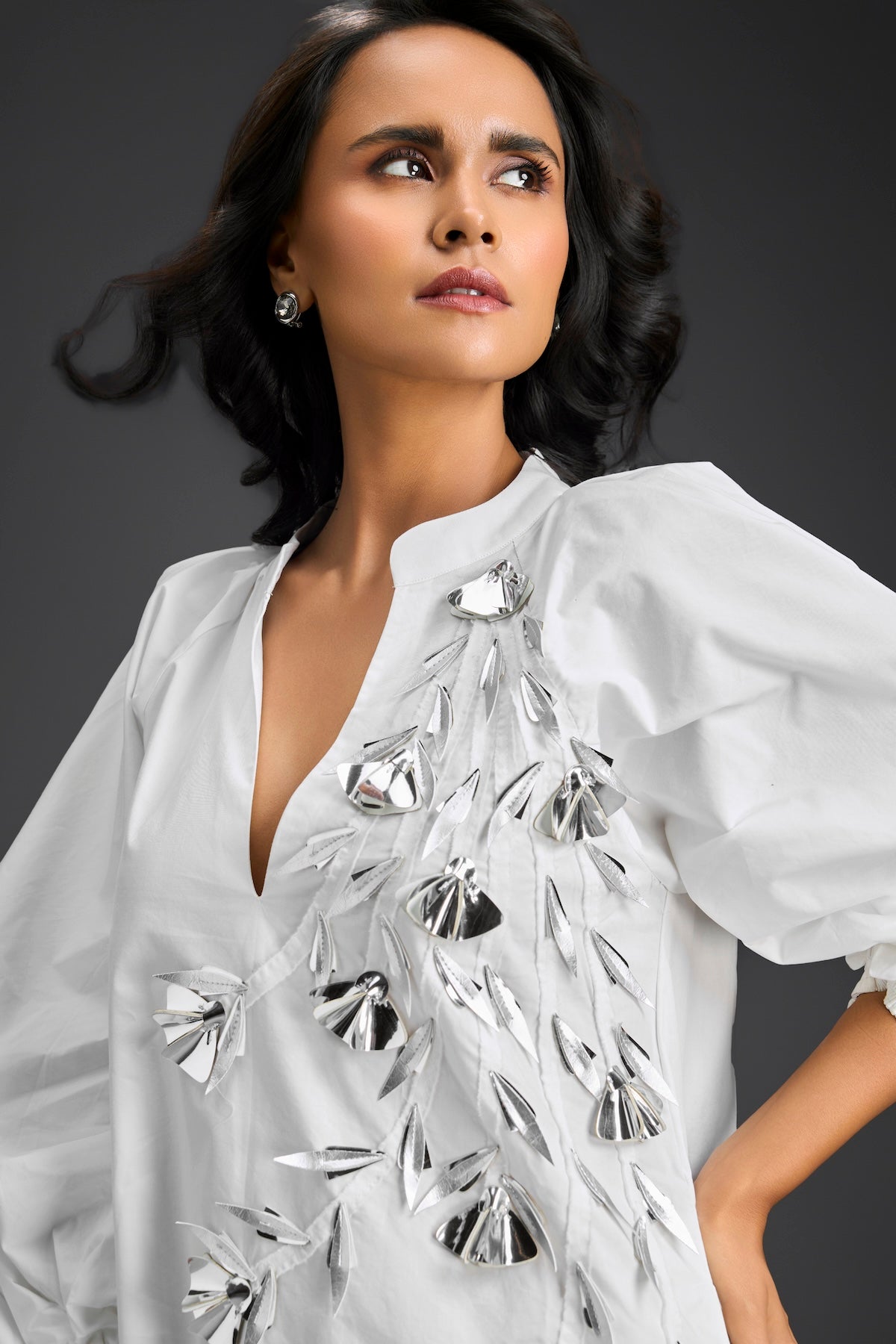 White Metallic Floral Embroidered Dress