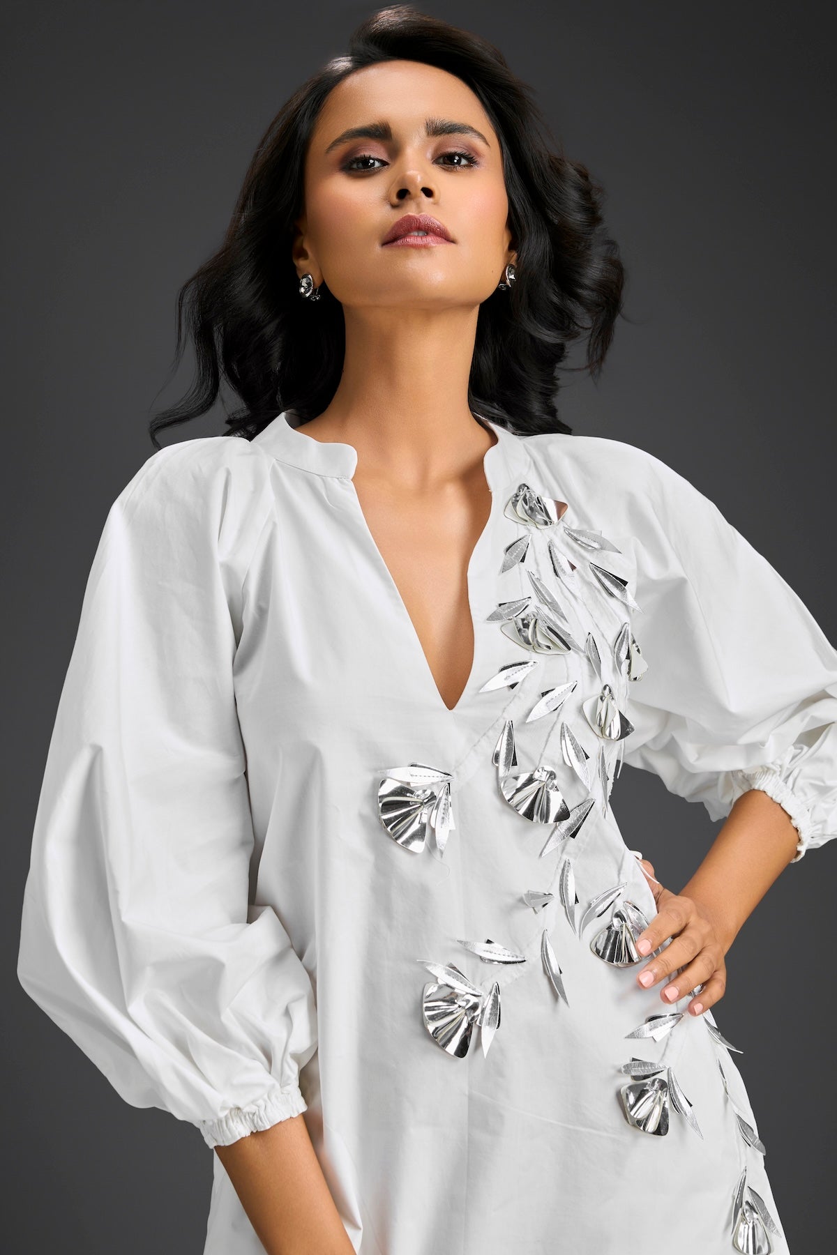 White Metallic Floral Embroidered Dress