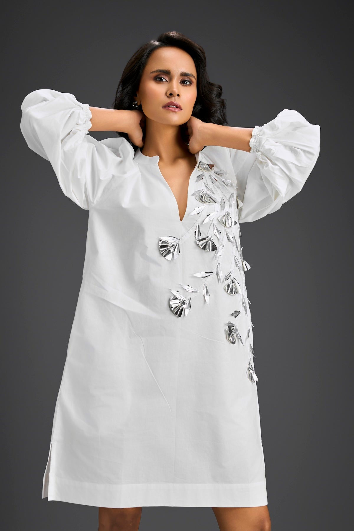 White Metallic Floral Embroidered Dress