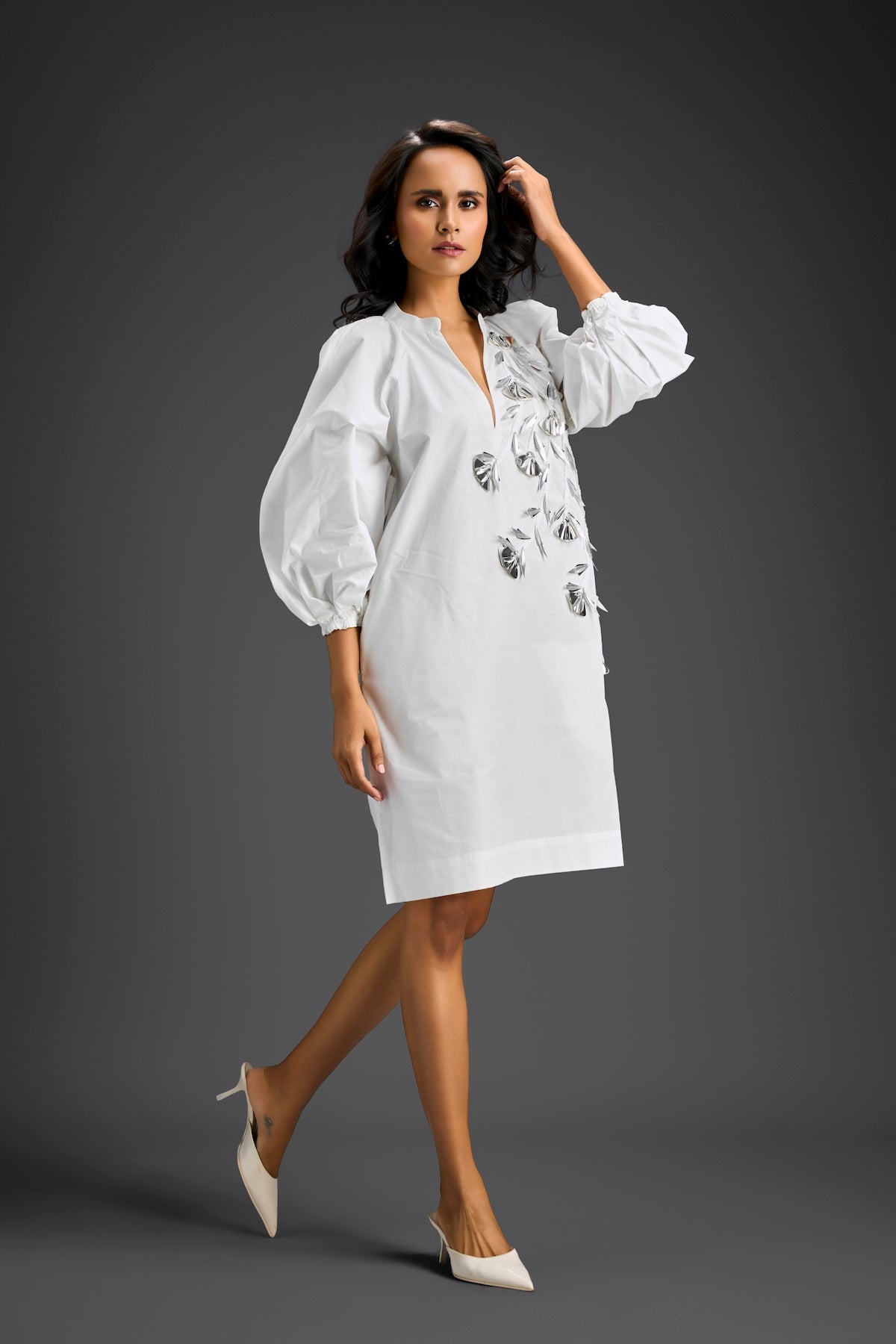 White Metallic Floral Embroidered Dress
