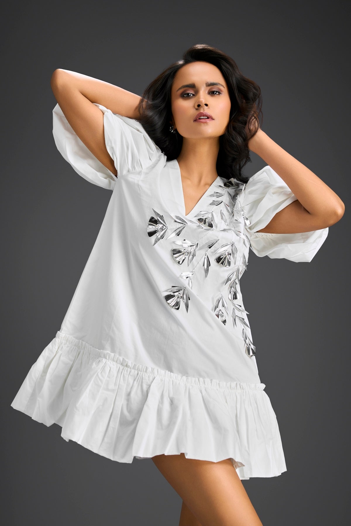 White Ruffle Hem Floral Embroidered Dress