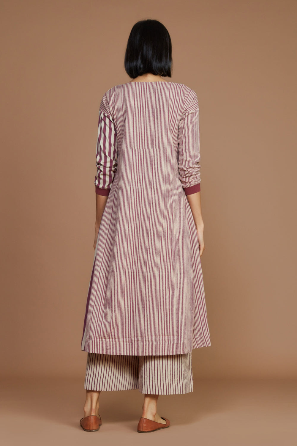 Ivory With Mauve Striped Pleated Dress - Auraya Fashion -  - #tag1# - #tag2# - #tag3# - #tag3#