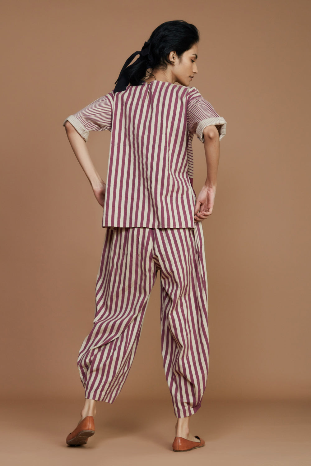 Ivory With Mauve Striped Nhera Pants - Auraya Fashion -  - #tag1# - #tag2# - #tag3# - #tag3#