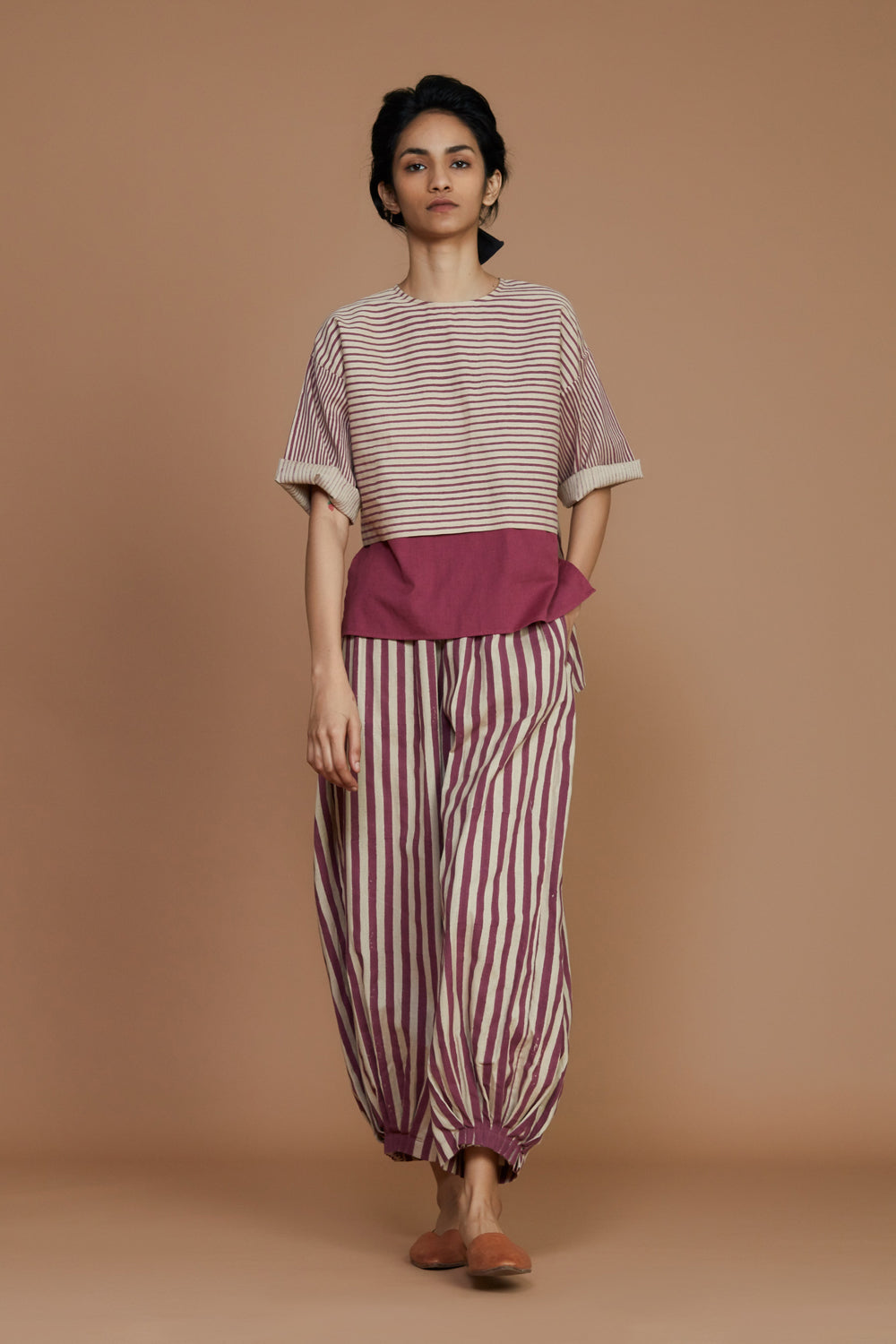 Ivory With Mauve Striped Nhera Pants - Auraya Fashion - Mati - #tag1# - #tag2# - #tag3# - #tag3#