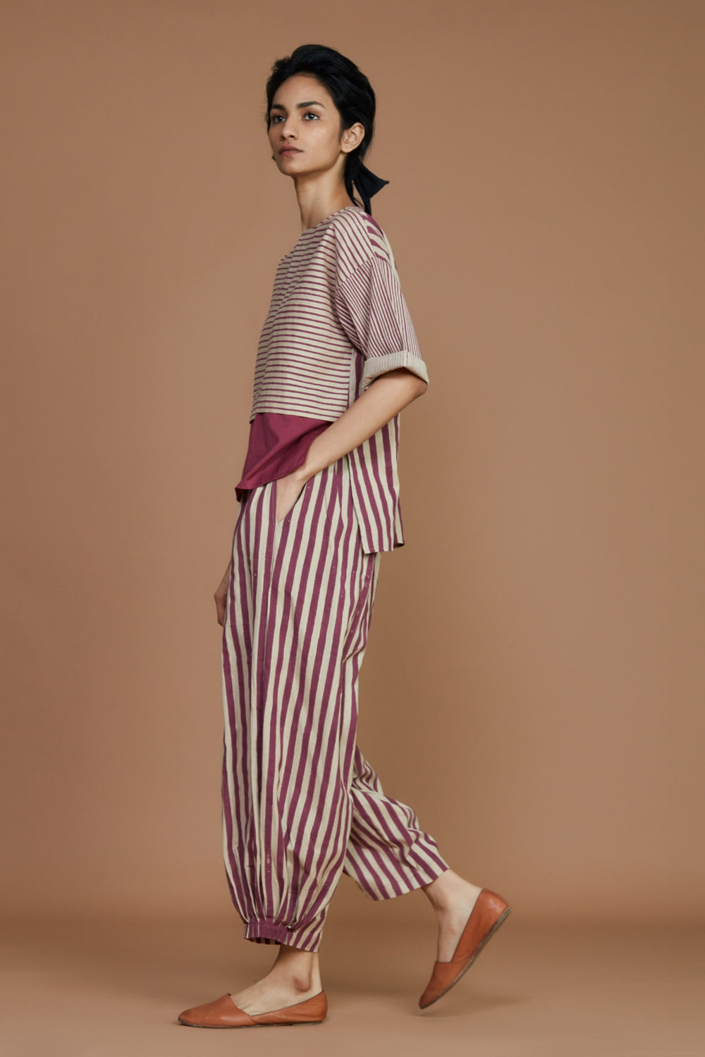 Ivory With Mauve Striped Nhera Pants - Auraya Fashion -  - #tag1# - #tag2# - #tag3# - #tag3#