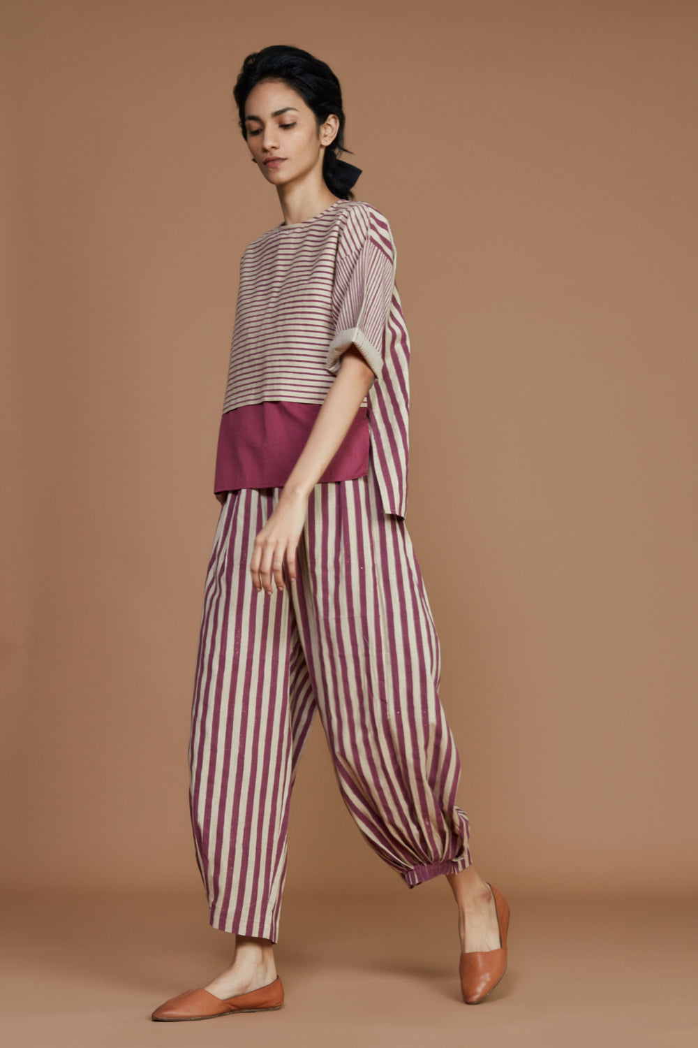 Ivory With Mauve Striped Nhera Pants - Auraya Fashion -  - #tag1# - #tag2# - #tag3# - #tag3#