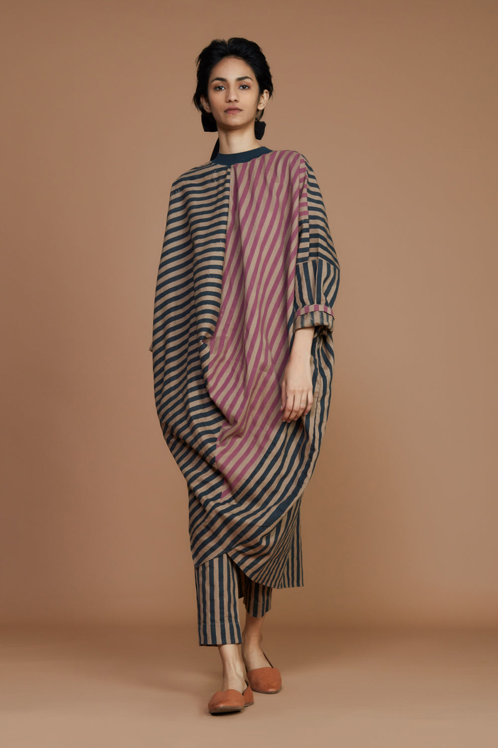 Ribbed Cowl Tunic Striped Brown Dress - Auraya Fashion -  - #tag1# - #tag2# - #tag3# - #tag3#