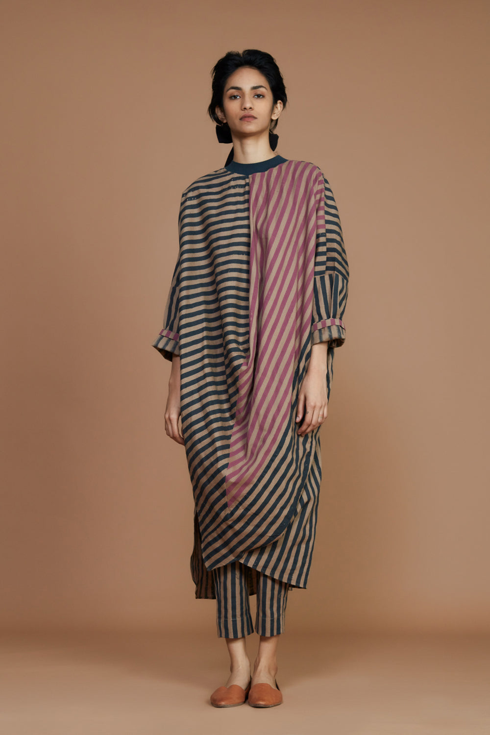 Ribbed Cowl Tunic Striped Brown Dress - Auraya Fashion -  - #tag1# - #tag2# - #tag3# - #tag3#