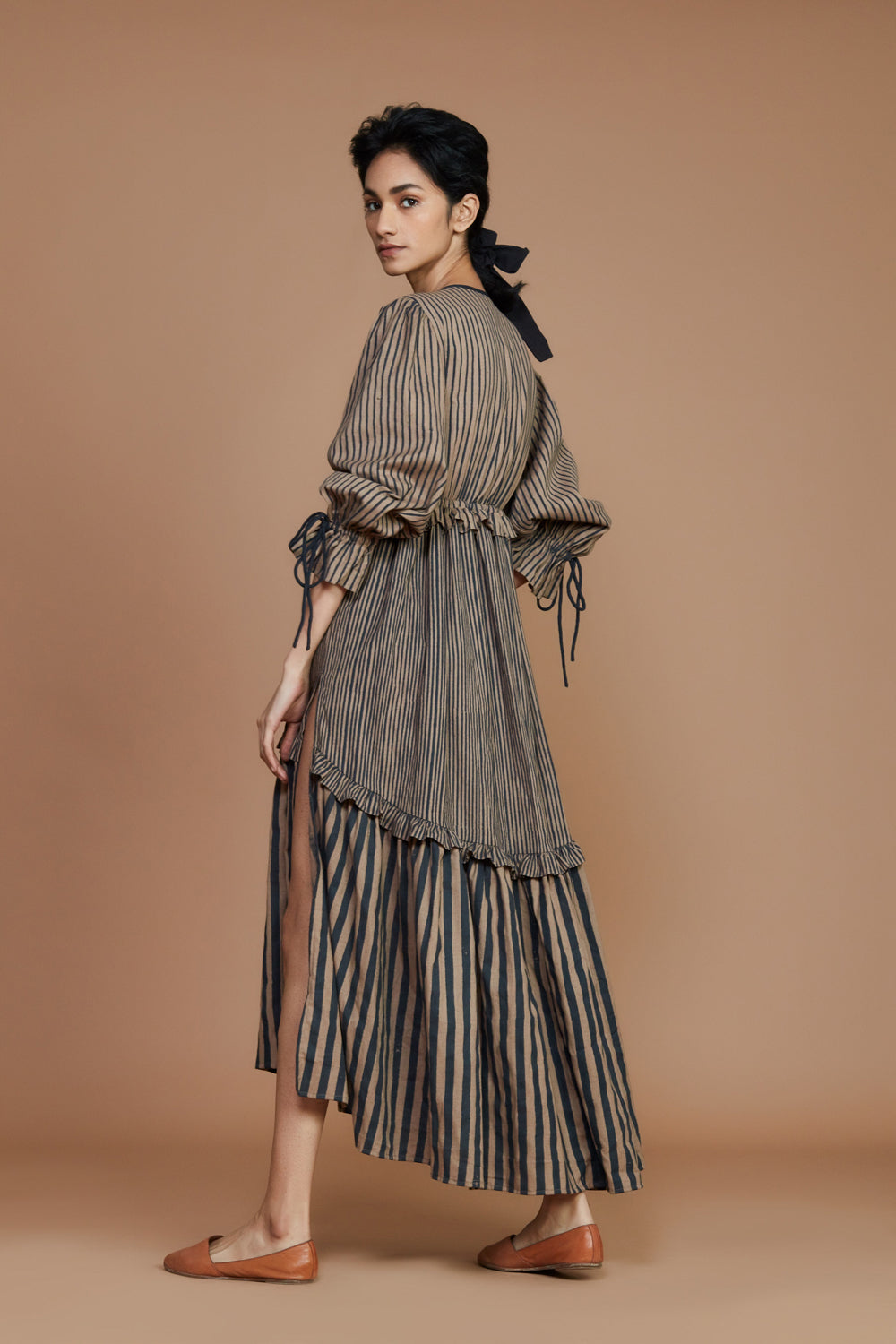 Tiered Frill Brown Striped Dress - Auraya Fashion -  - #tag1# - #tag2# - #tag3# - #tag3#