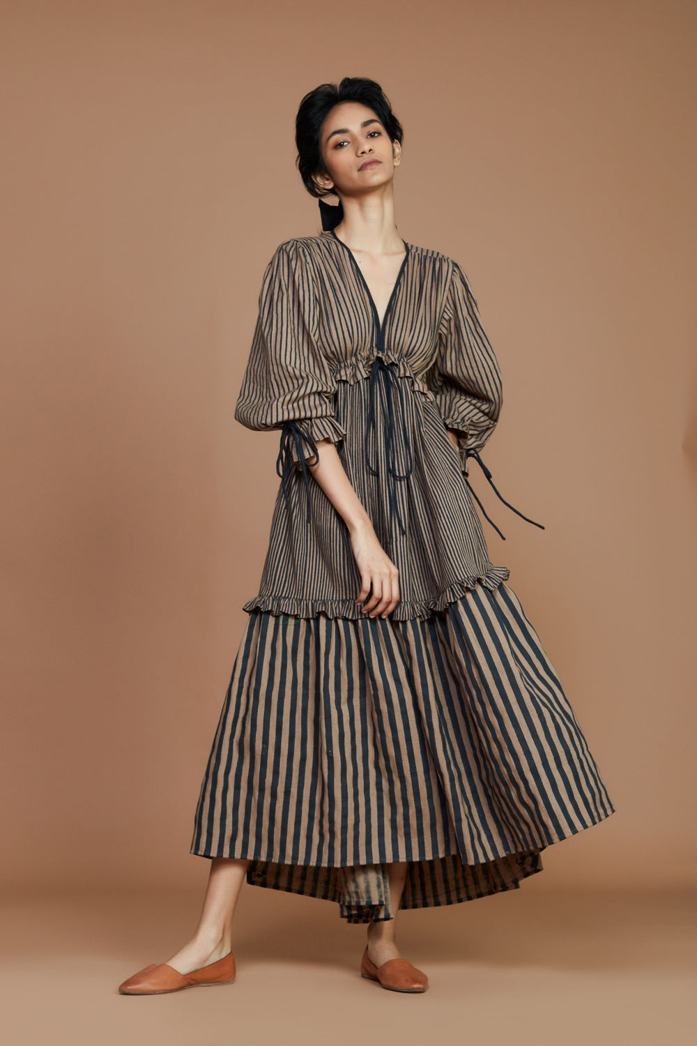 Tiered Frill Brown Striped Dress - Auraya Fashion - Mati - #tag1# - #tag2# - #tag3# - #tag3#