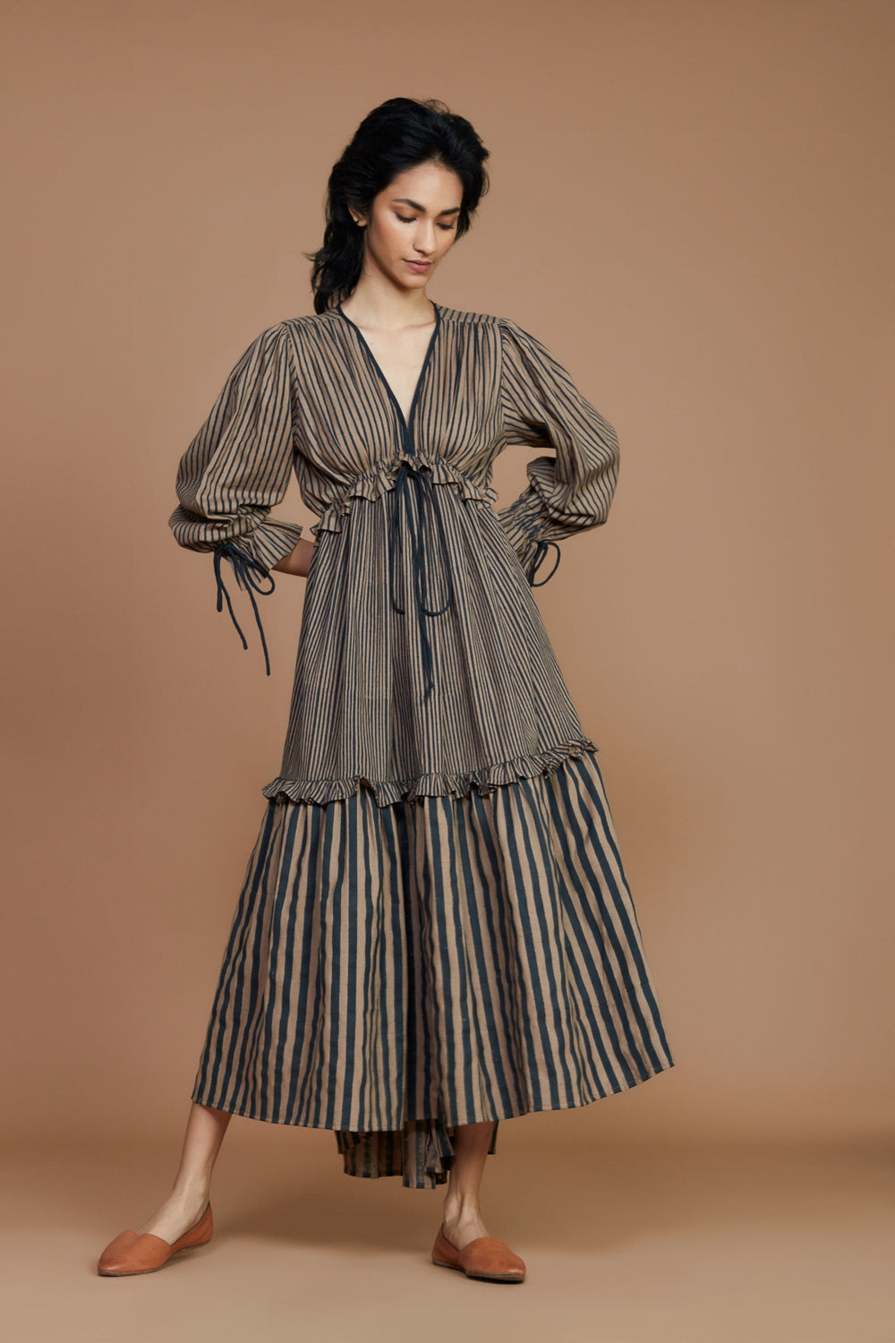 Tiered Frill Brown Striped Dress - Auraya Fashion -  - #tag1# - #tag2# - #tag3# - #tag3#