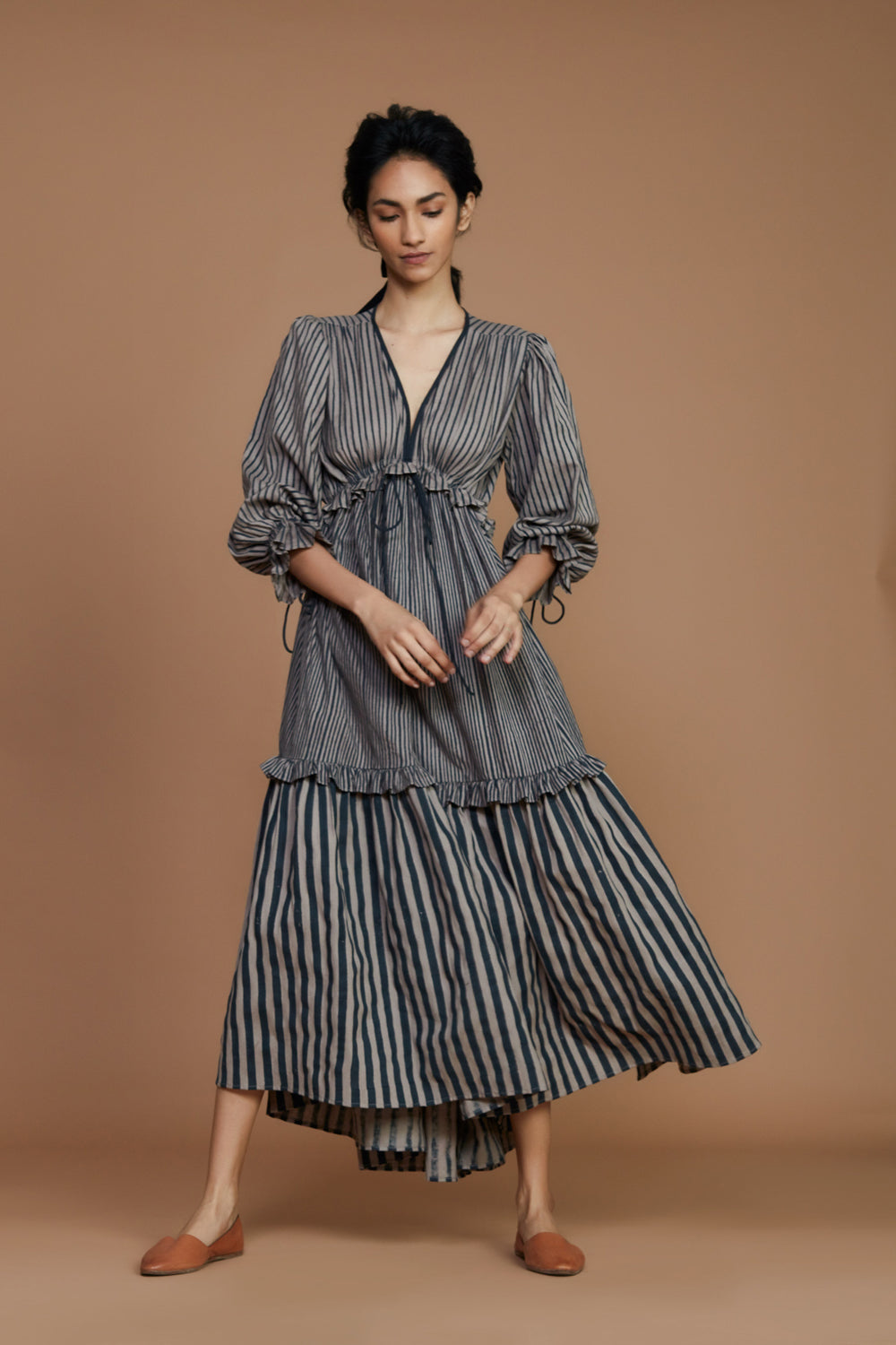 Tiered Frill Grey Striped Dress - Auraya Fashion - Mati - #tag1# - #tag2# - #tag3# - #tag3#