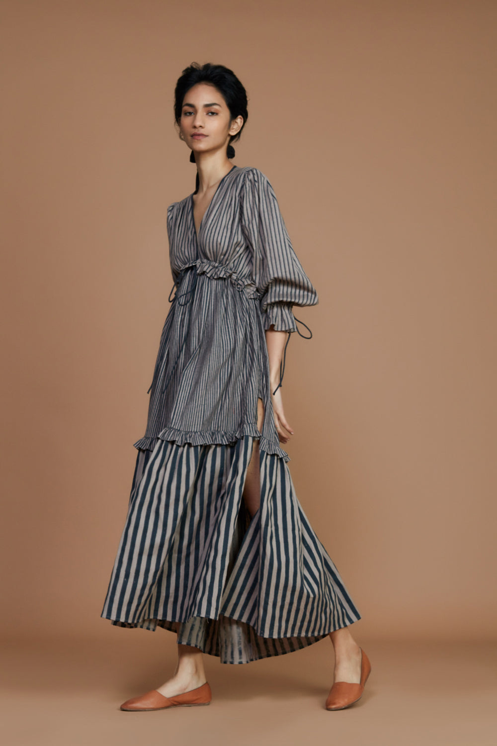 Tiered Frill Grey Striped Dress - Auraya Fashion -  - #tag1# - #tag2# - #tag3# - #tag3#