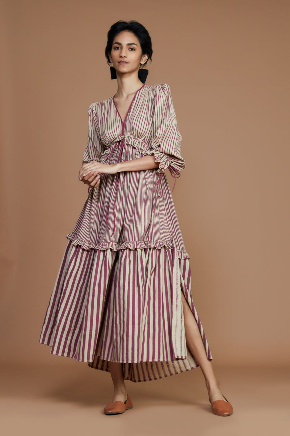 Tiered Frill Mauve Striped Dress - Auraya Fashion - Mati - #tag1# - #tag2# - #tag3# - #tag3#