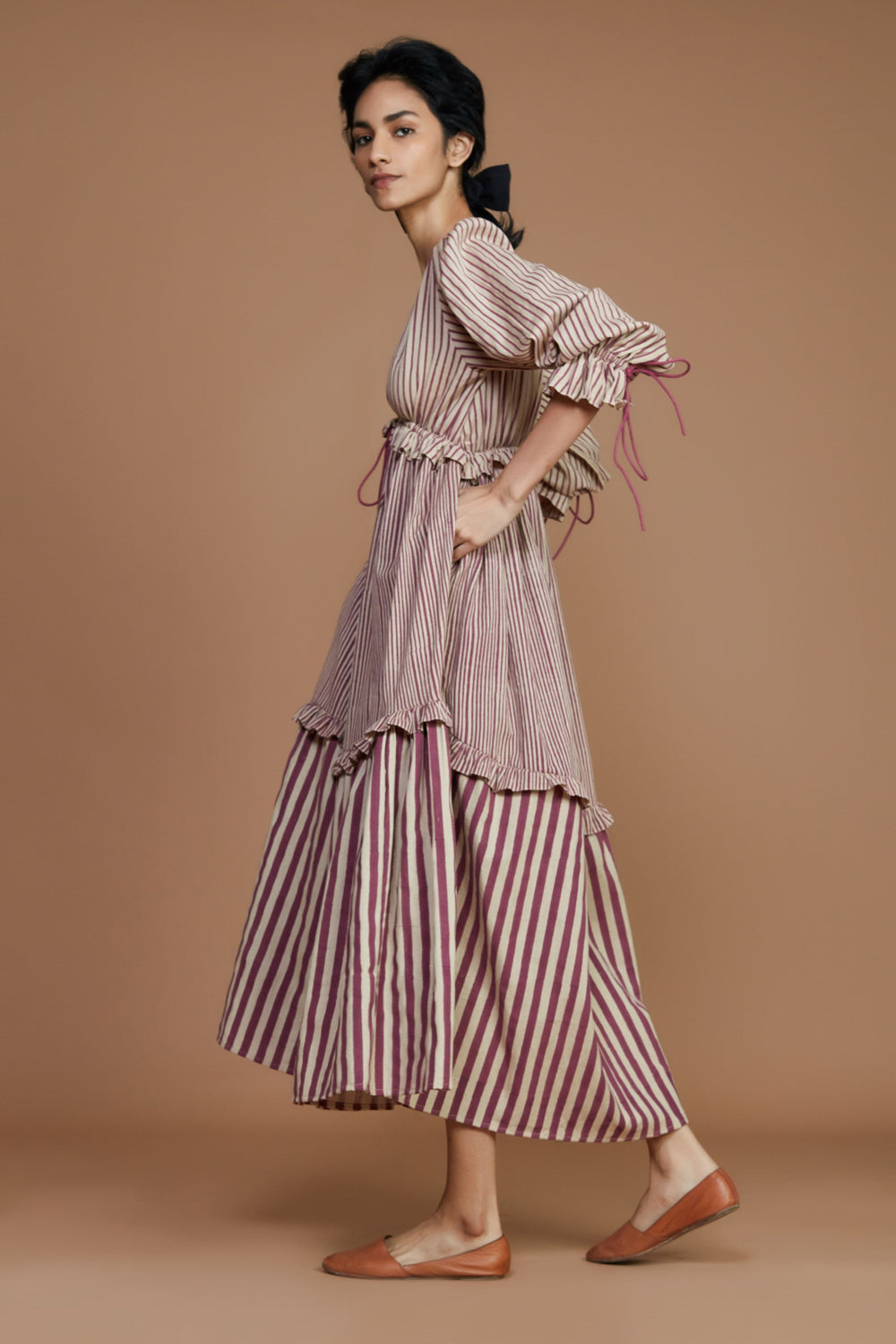 Tiered Frill Mauve Striped Dress - Auraya Fashion -  - #tag1# - #tag2# - #tag3# - #tag3#