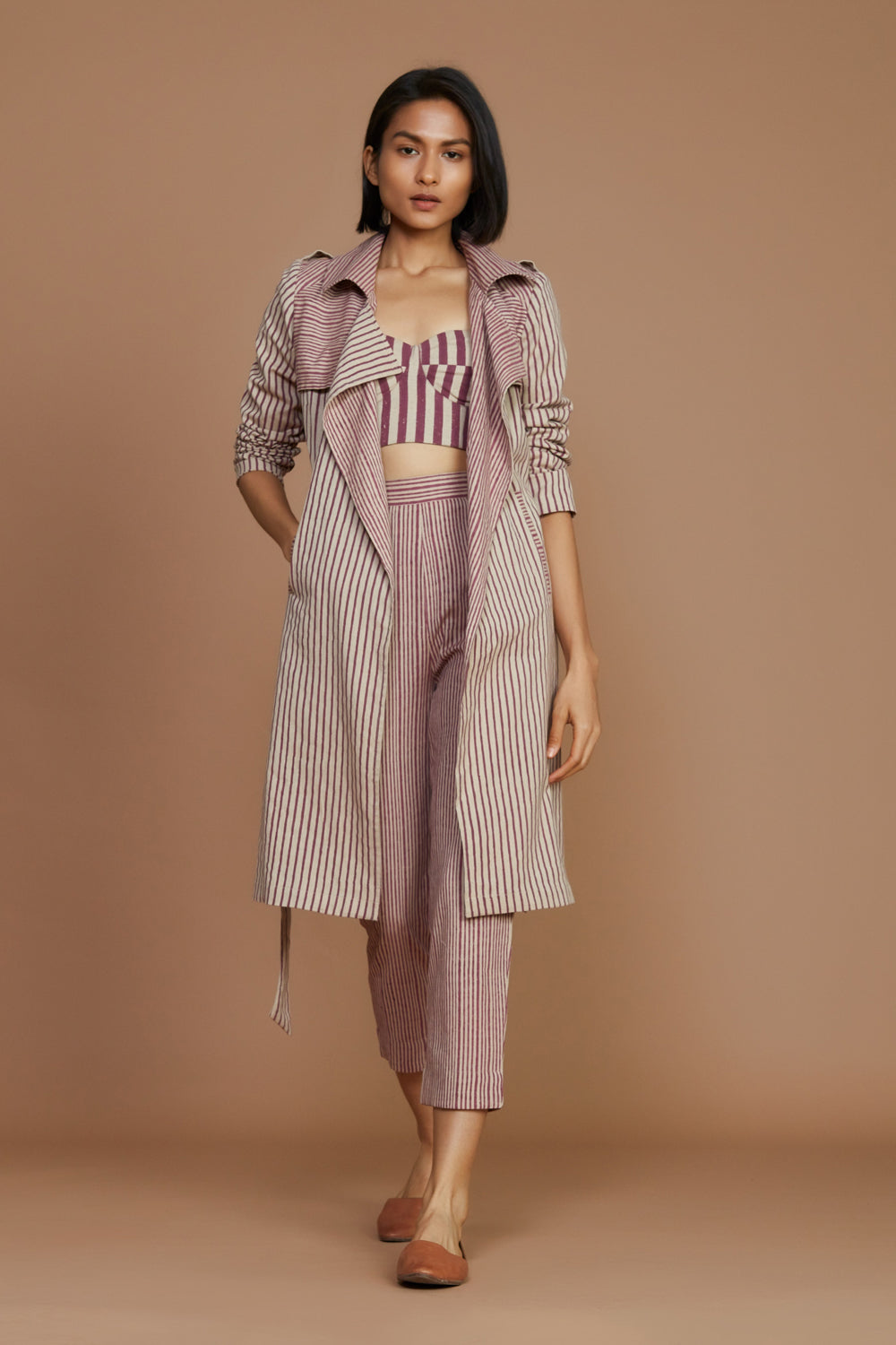 Ivory With Mauve Striped Trench & Corset Co-Ord Set (3 Pcs) - Auraya Fashion - Mati - #tag1# - #tag2# - #tag3# - #tag3#