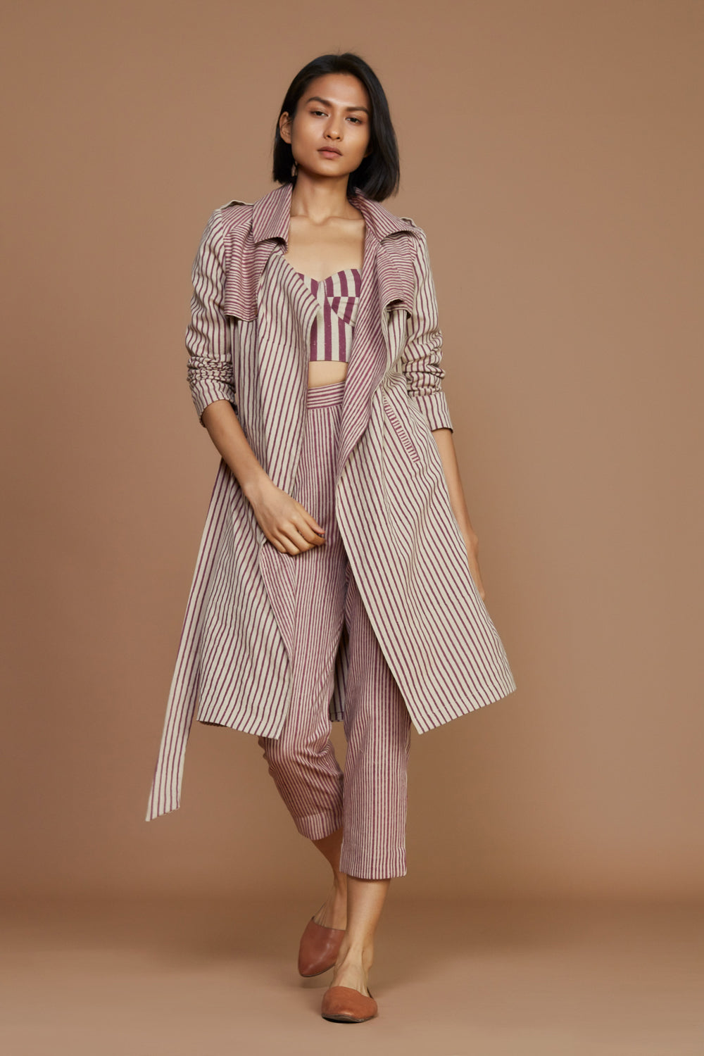 Ivory With Mauve Striped Trench & Corset Co-Ord Set (3 Pcs) - Auraya Fashion -  - #tag1# - #tag2# - #tag3# - #tag3#