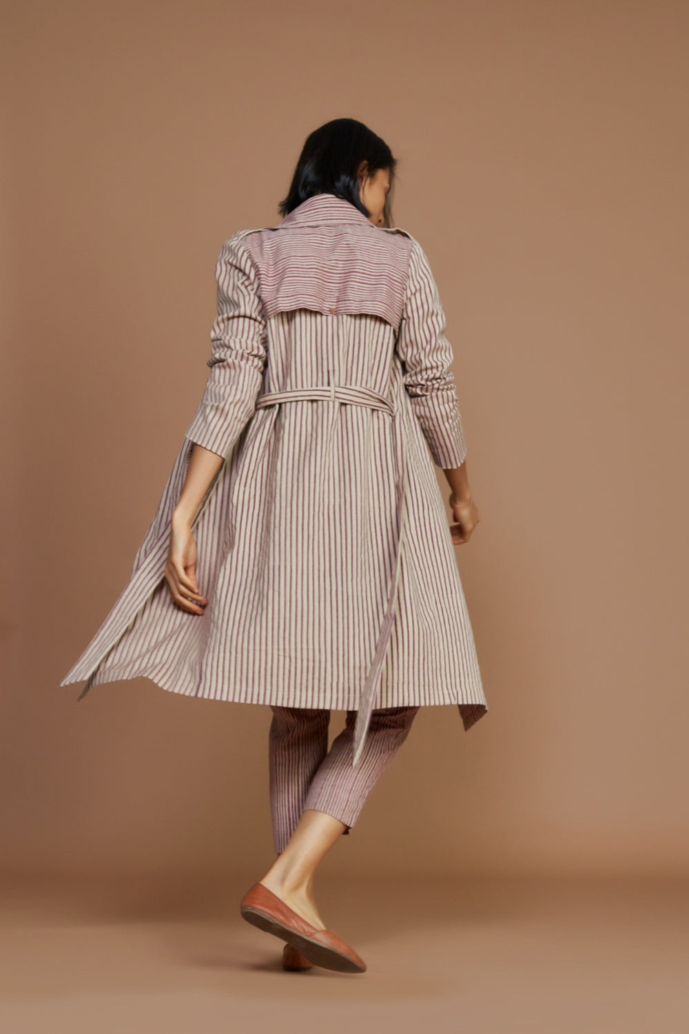 Ivory With Mauve Striped Trench Jacket - Auraya Fashion -  - #tag1# - #tag2# - #tag3# - #tag3#