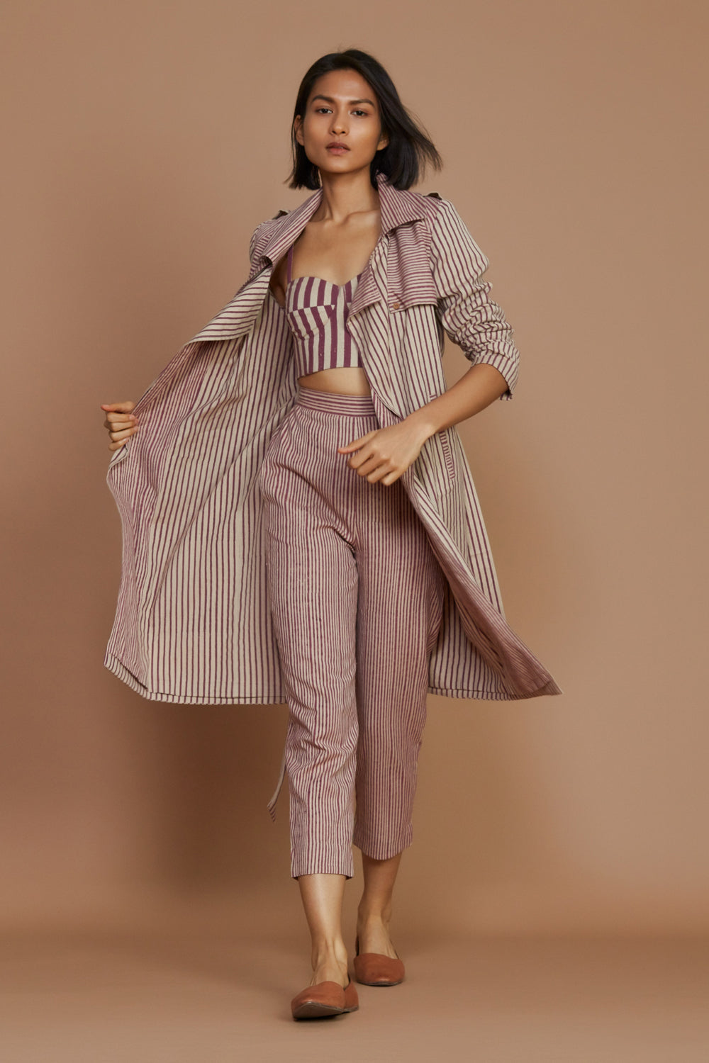 Ivory With Mauve Striped Trench Jacket - Auraya Fashion -  - #tag1# - #tag2# - #tag3# - #tag3#