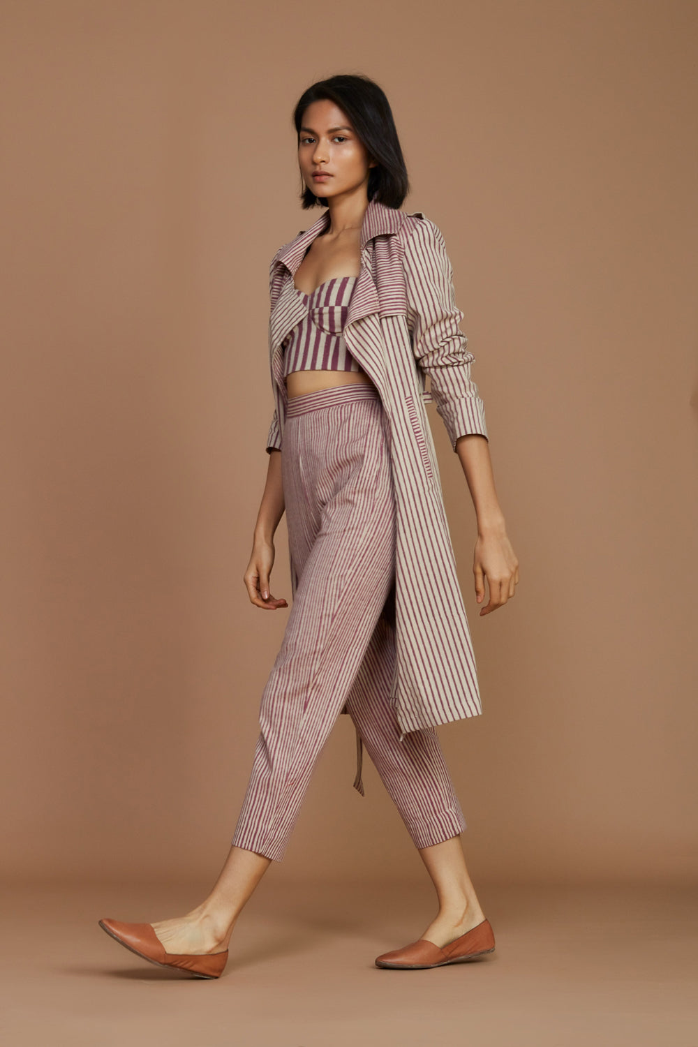 Ivory With Mauve Striped Trench Jacket - Auraya Fashion -  - #tag1# - #tag2# - #tag3# - #tag3#