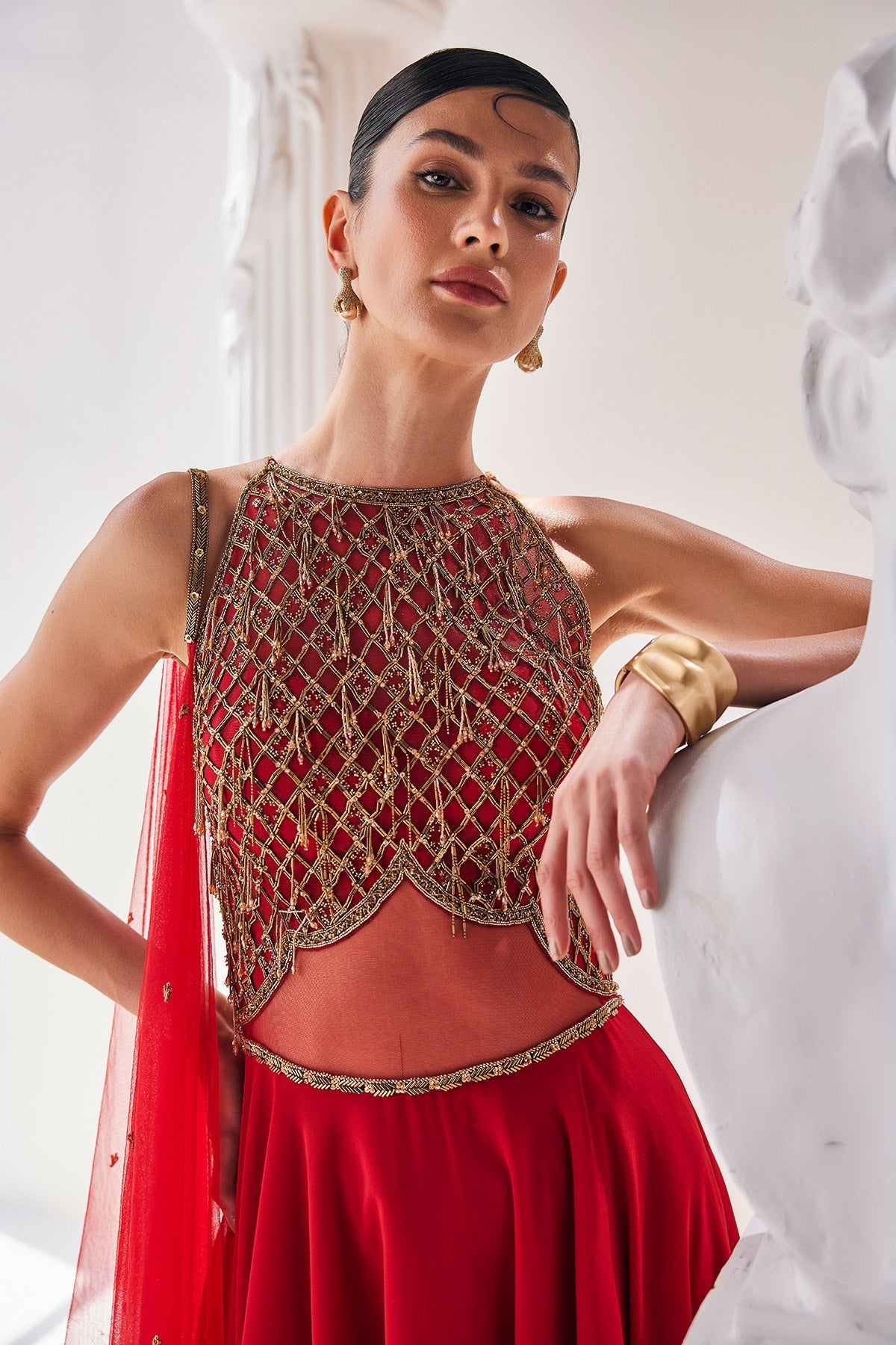 Red Georgette High Low Anarkali Set