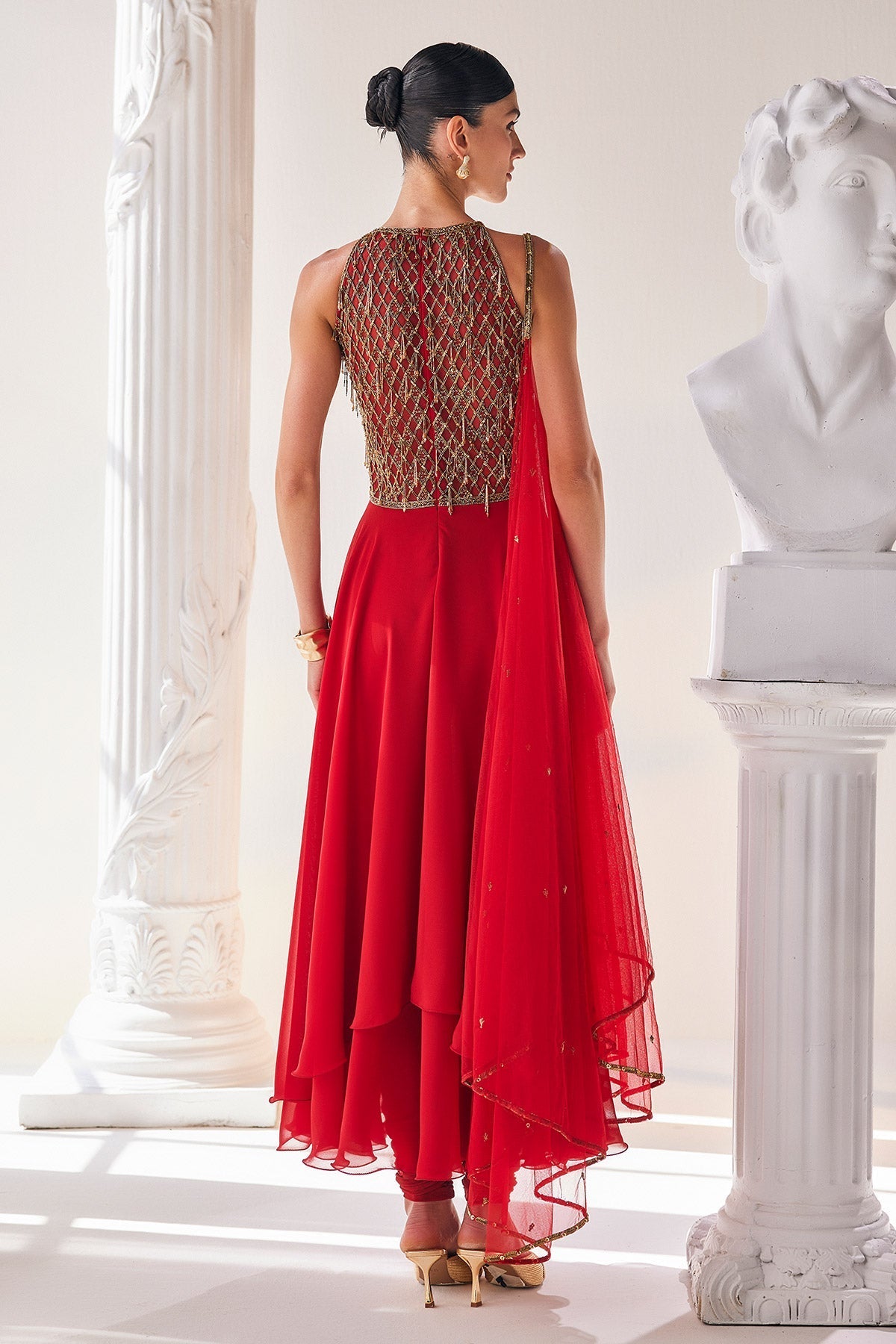 Red Georgette High Low Anarkali Set