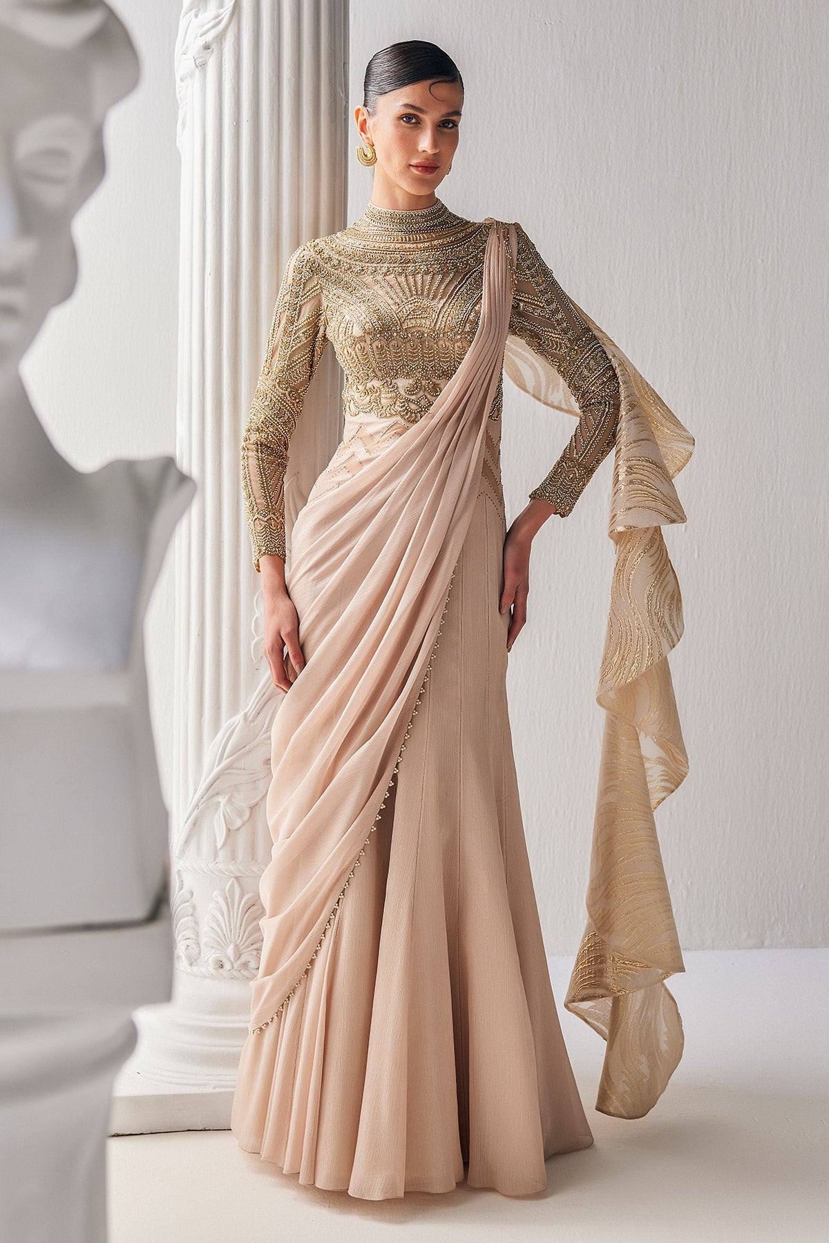 Golden Shimmer Cream Draped Saree Set