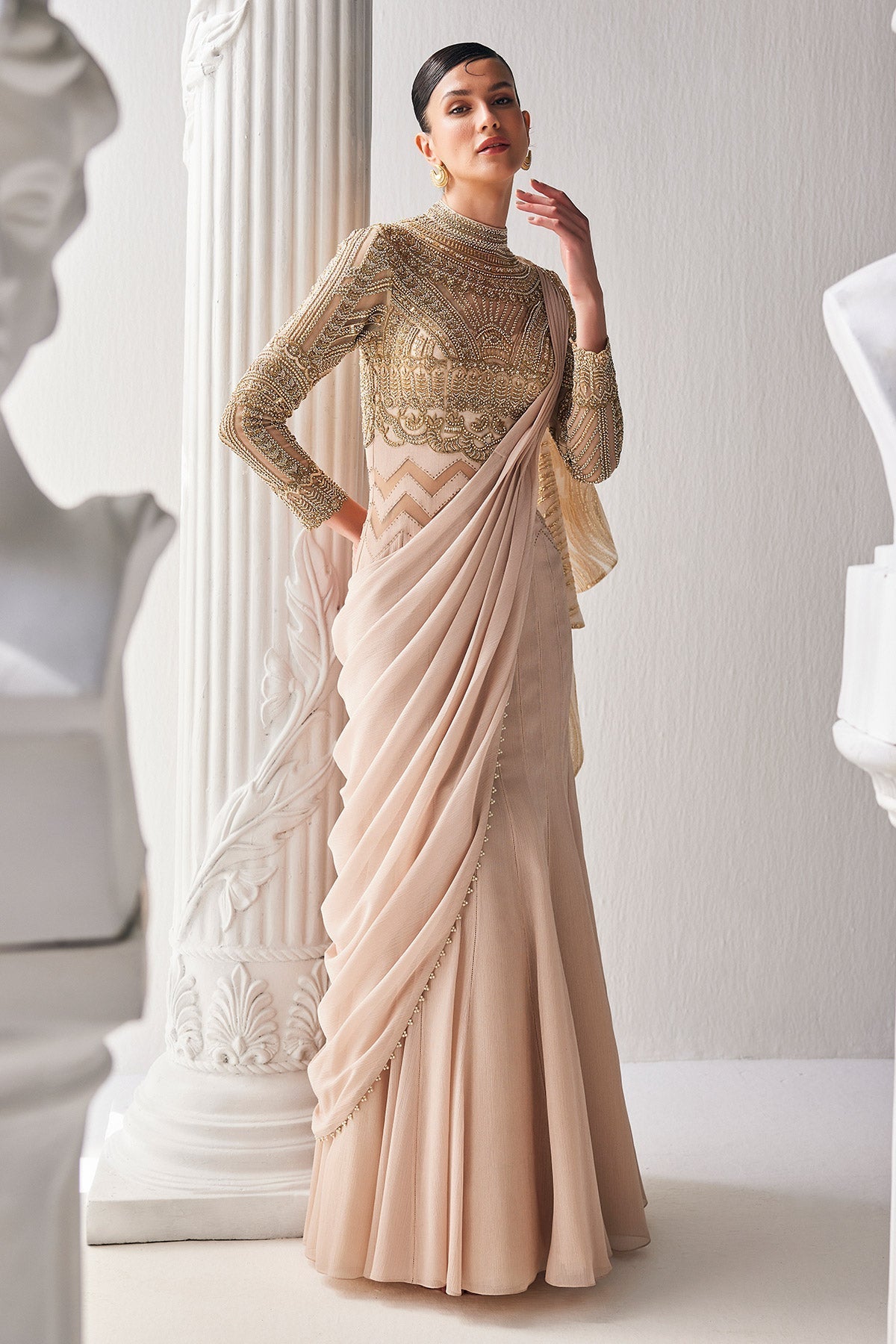 Golden Shimmer Cream Draped Saree Set