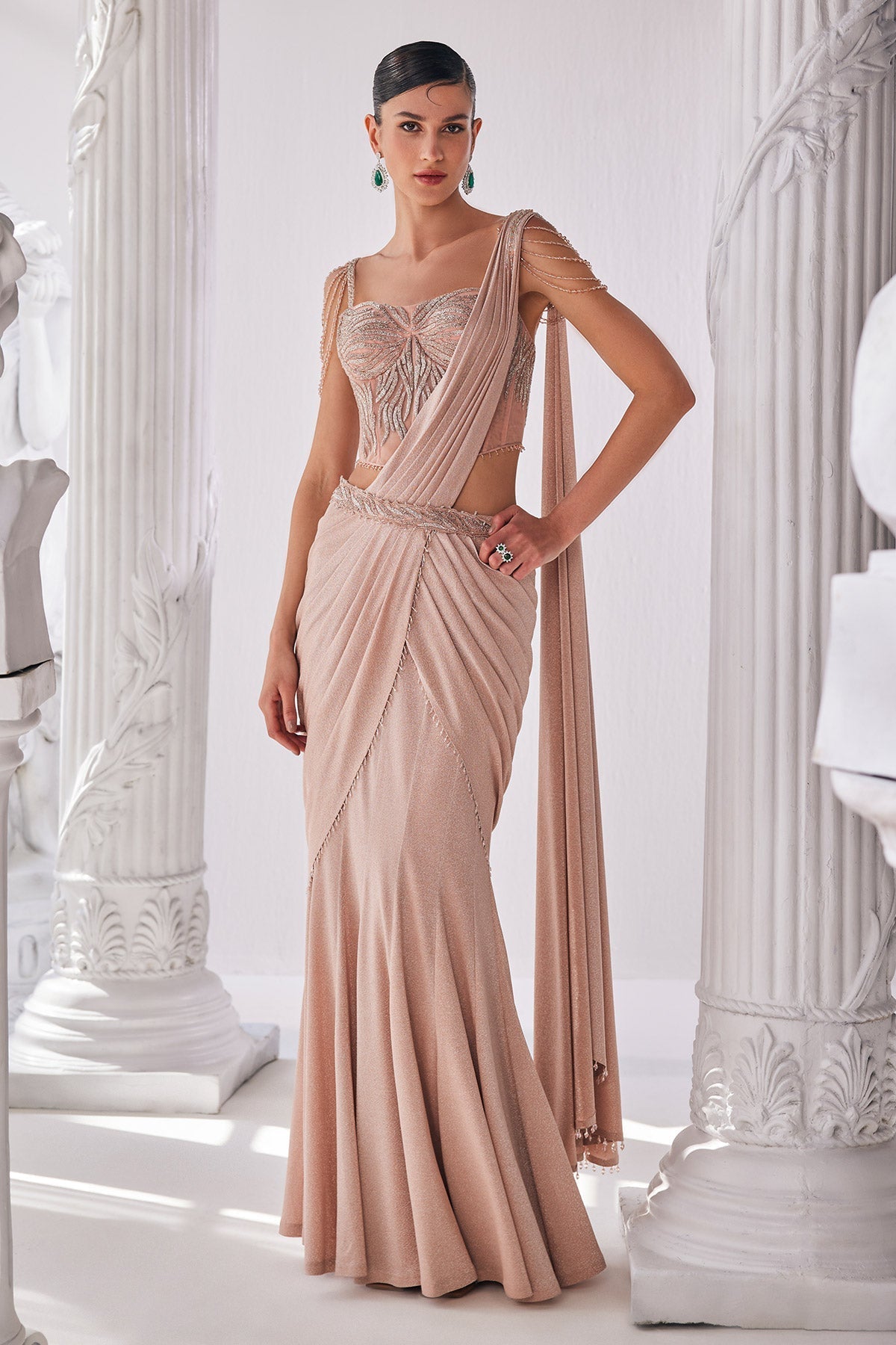 Peach Shimmer Draped Saree Set