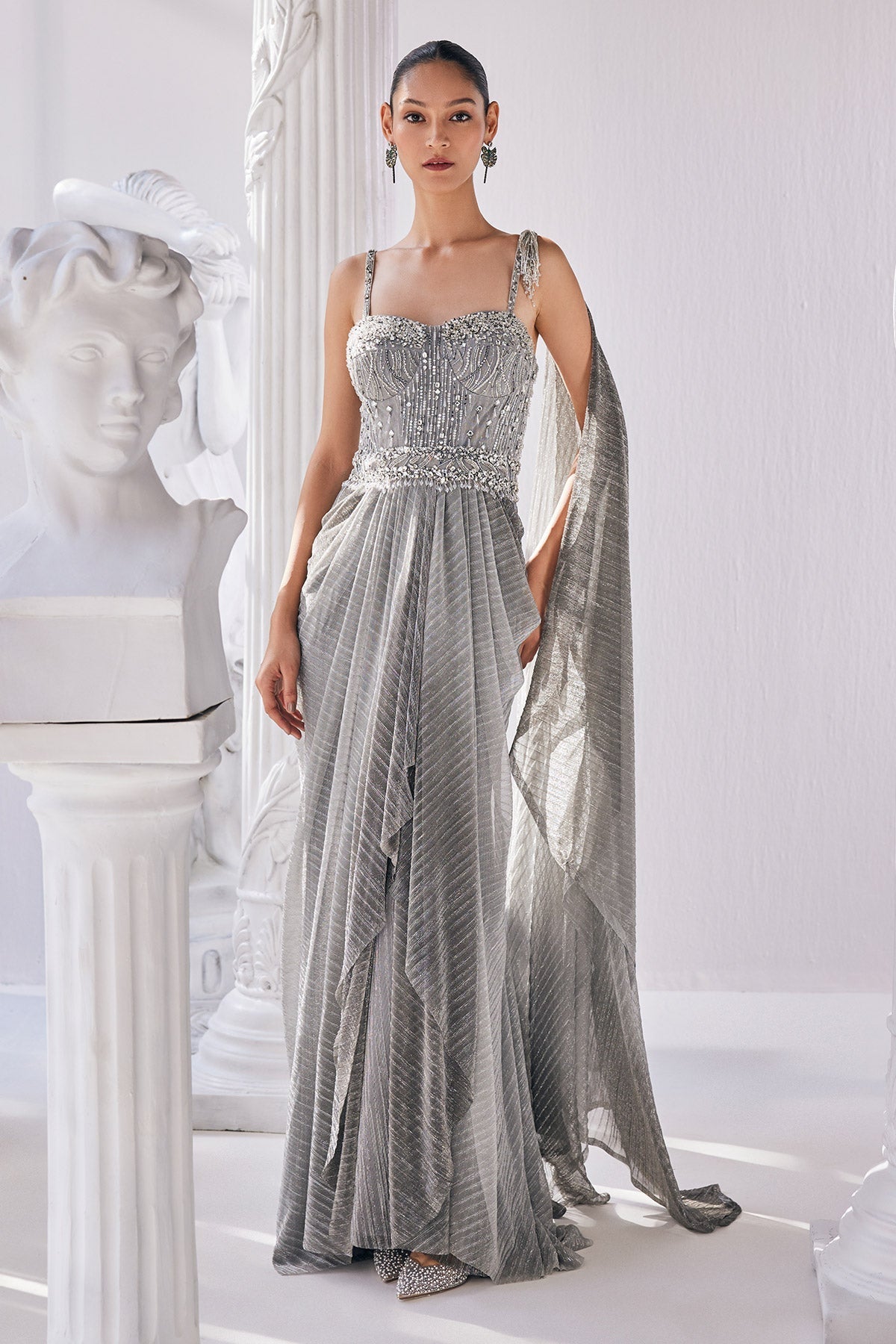 Metallic Ombre Draped Saree Gown