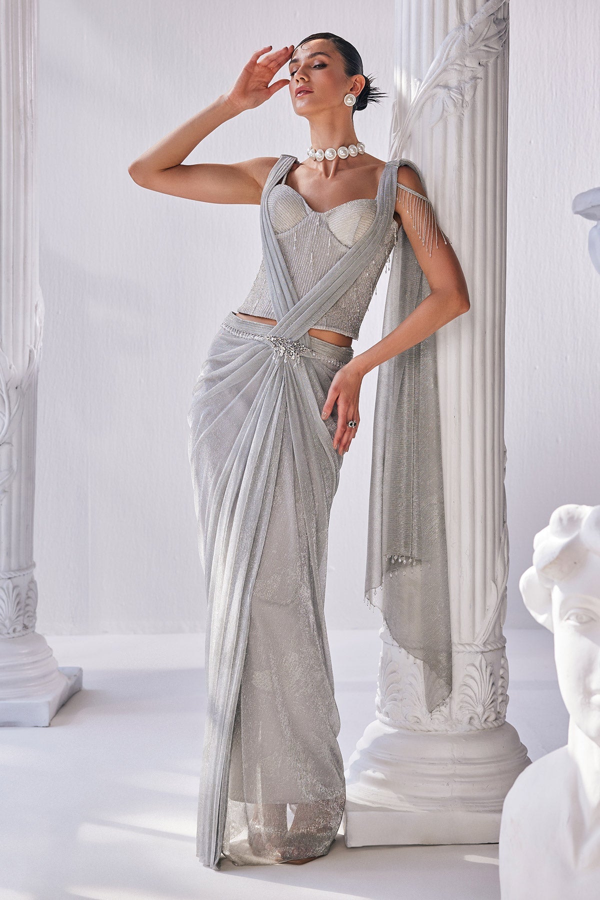 Silver Draped Saree Set