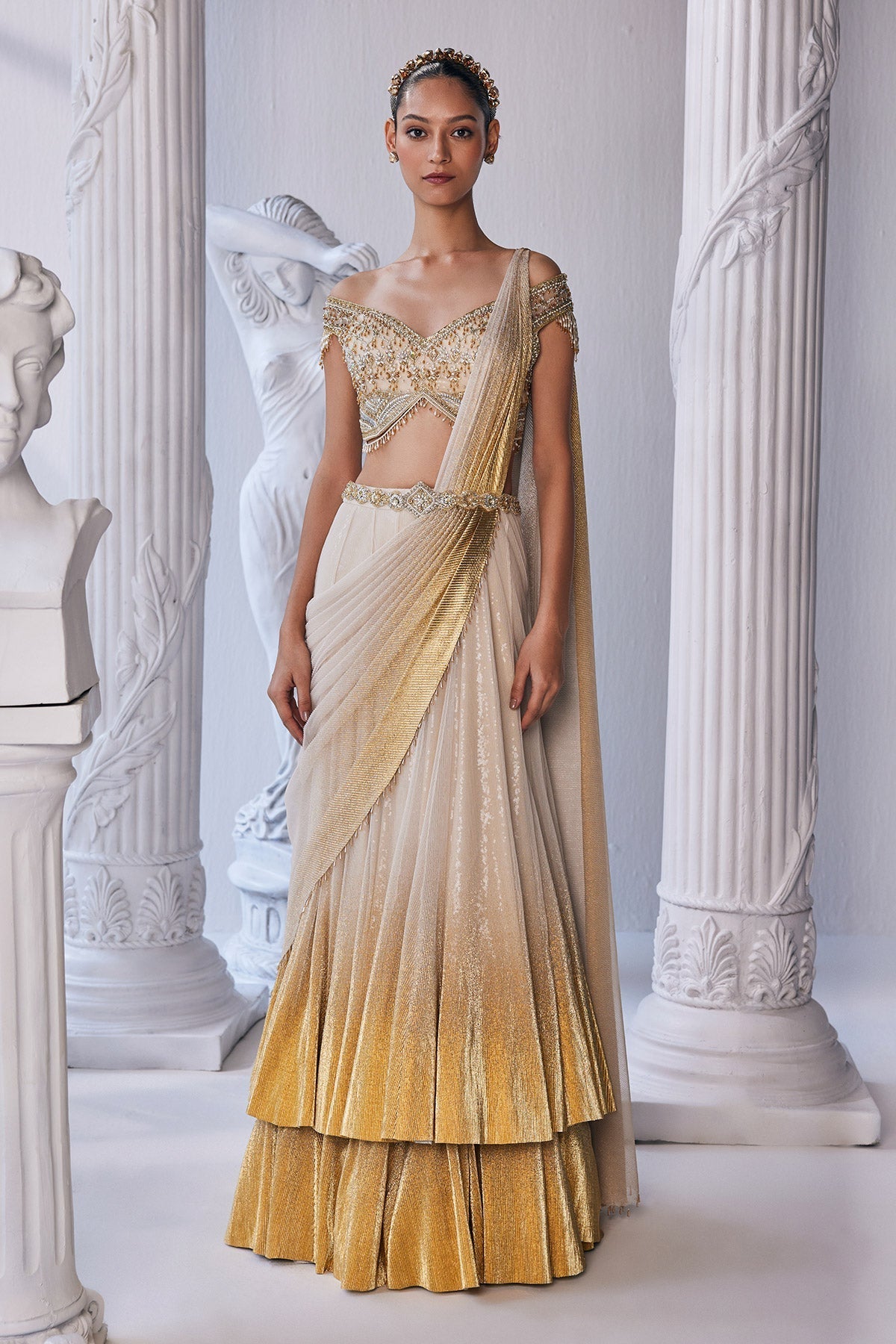 Gold Foil Draped Double Layer Lehenga