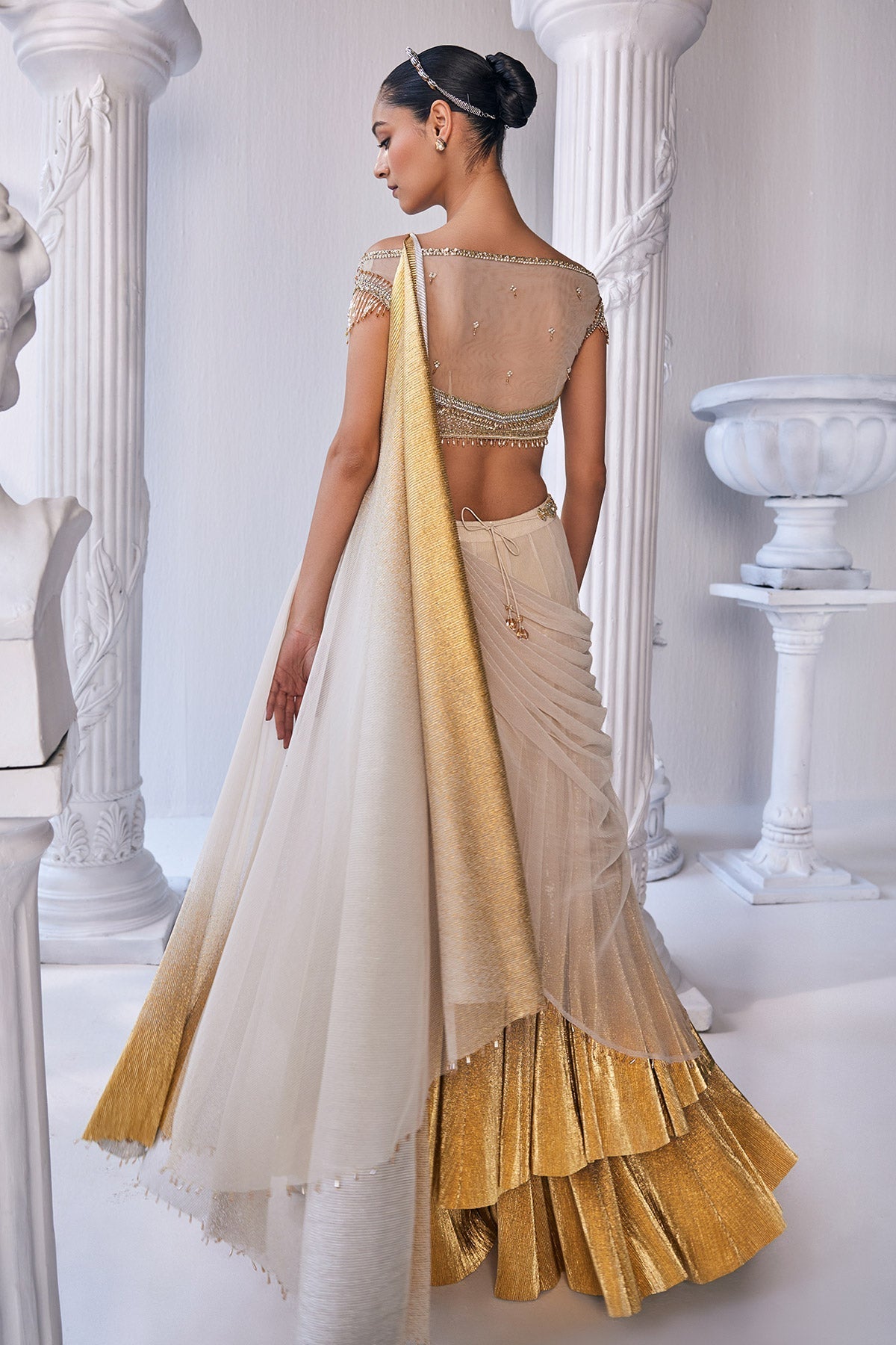 Gold Foil Draped Double Layer Lehenga