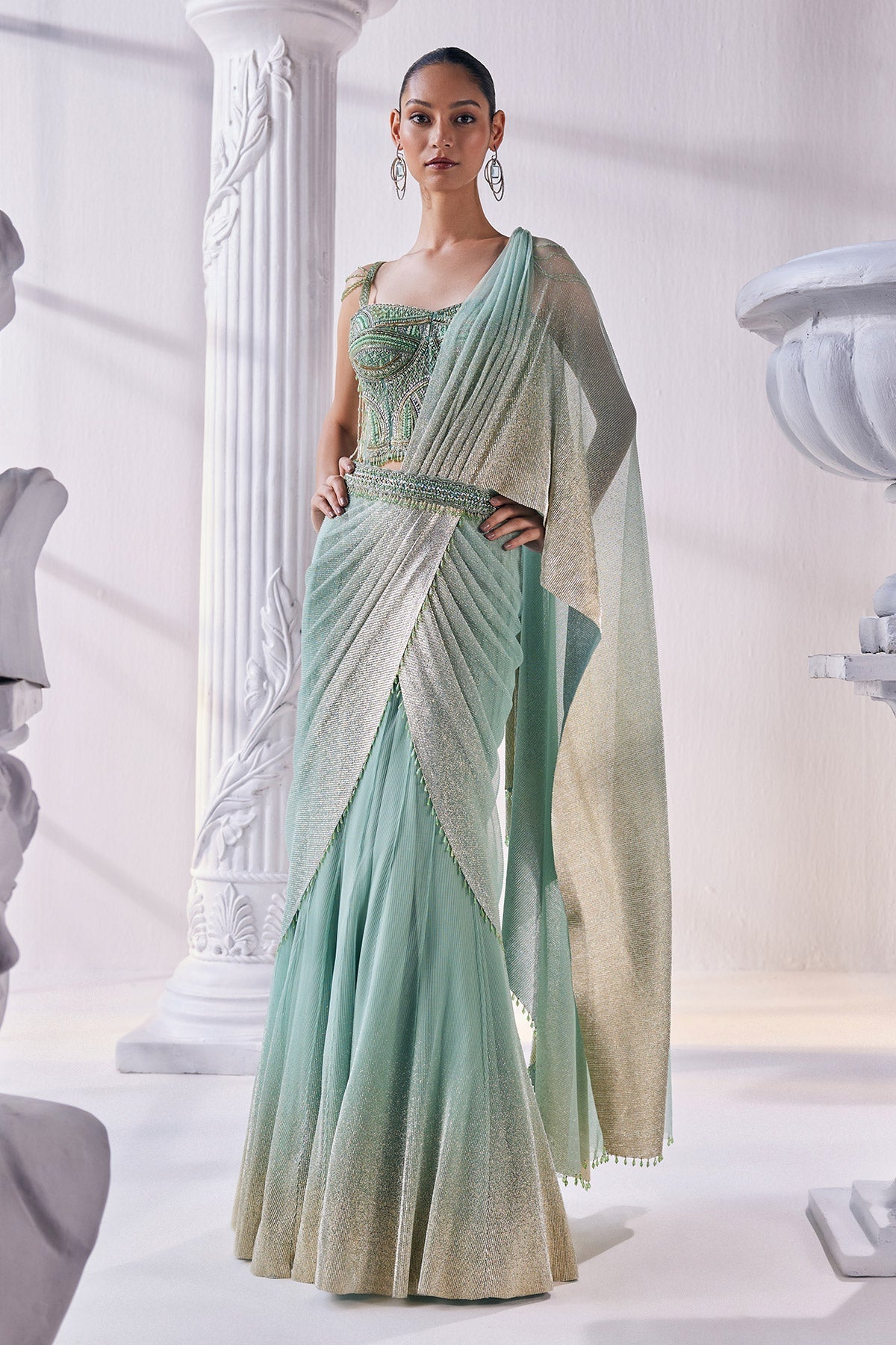 Pista & Gold Draped Layer Lehenga Set
